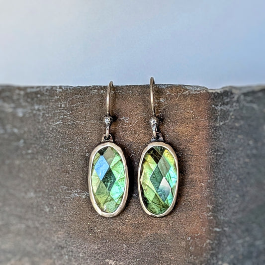 Rare Green Faceted Labradorite Dangle Earrings