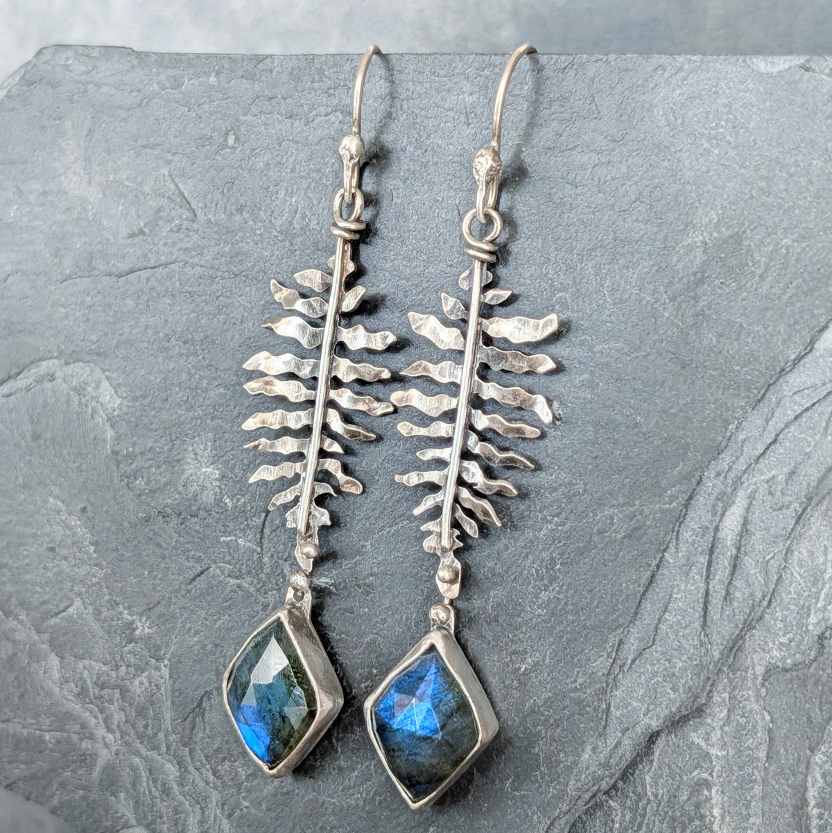 Hand-Sawn Sterling Silver Fern and Blue Labradorite Earrings