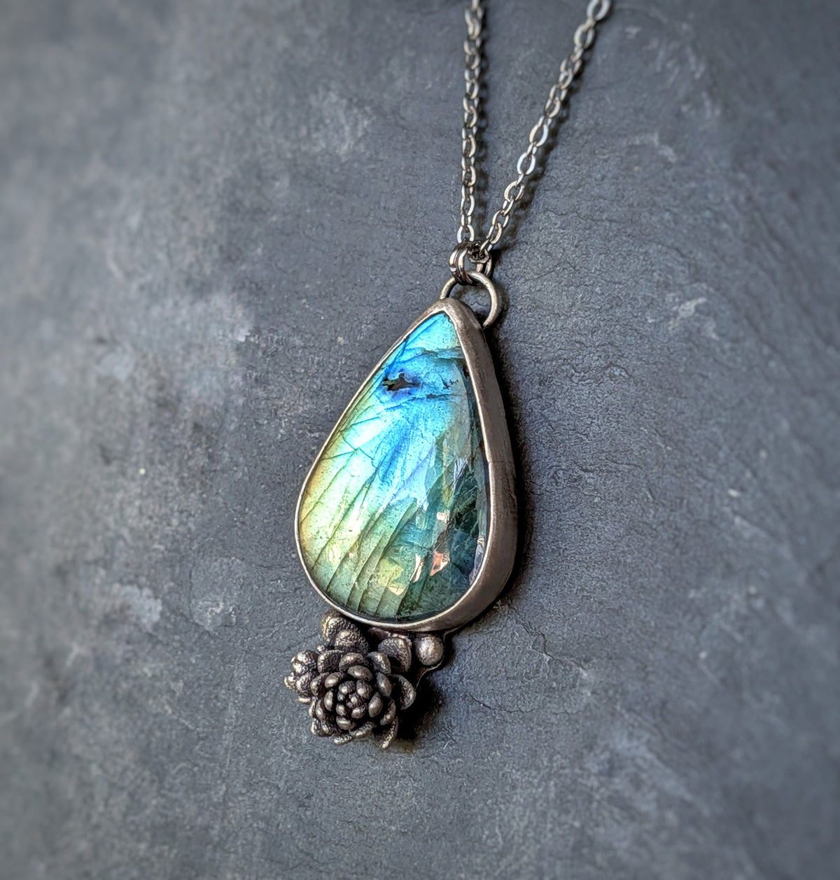 Labradorite and Succulent Bouquet Necklace- Botanical Pendant