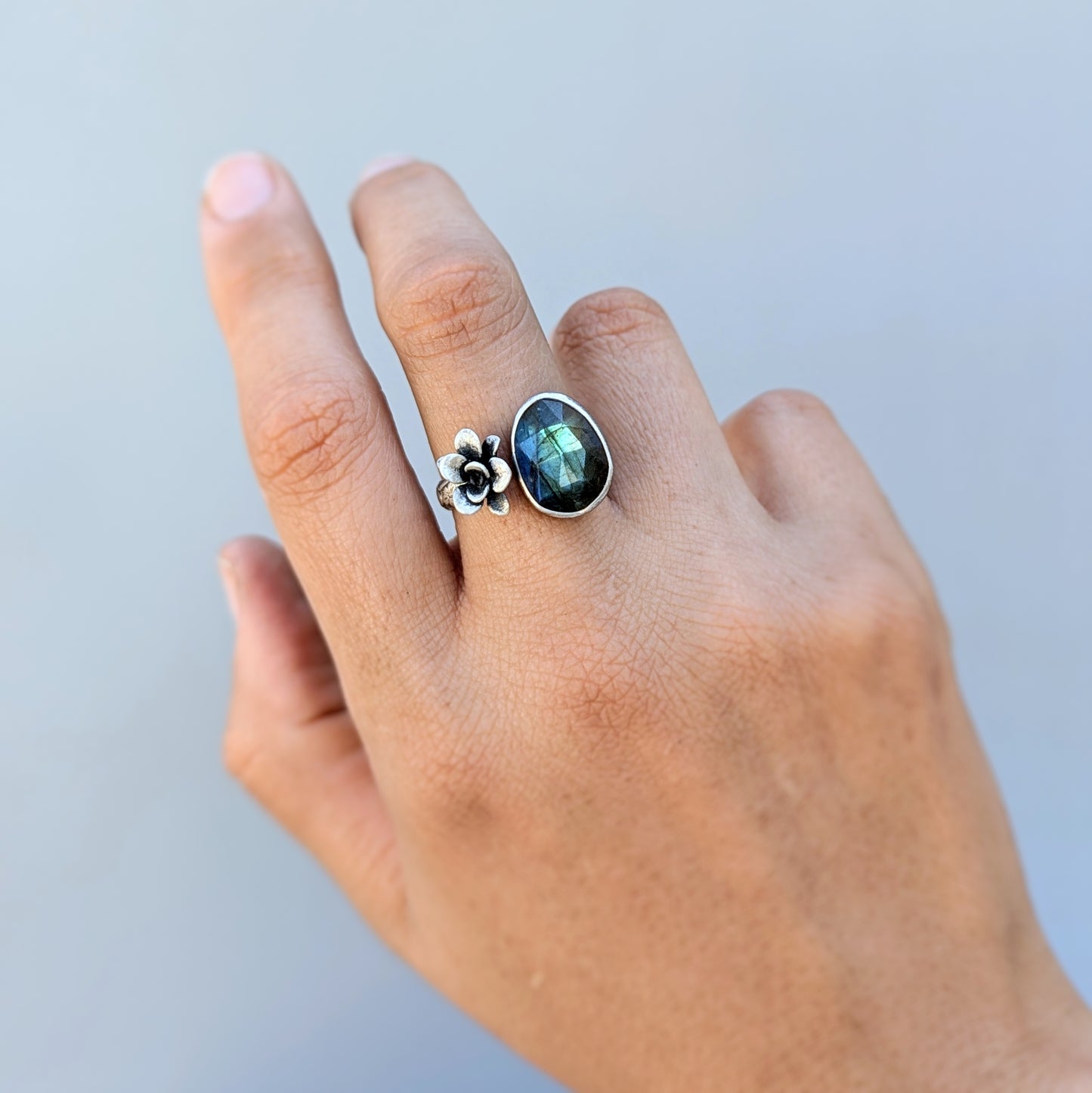 Gemmaflora Collection: Blue Labradorite and Succulent Sterling Silver Open Band Ring, adjustable sz 8-9