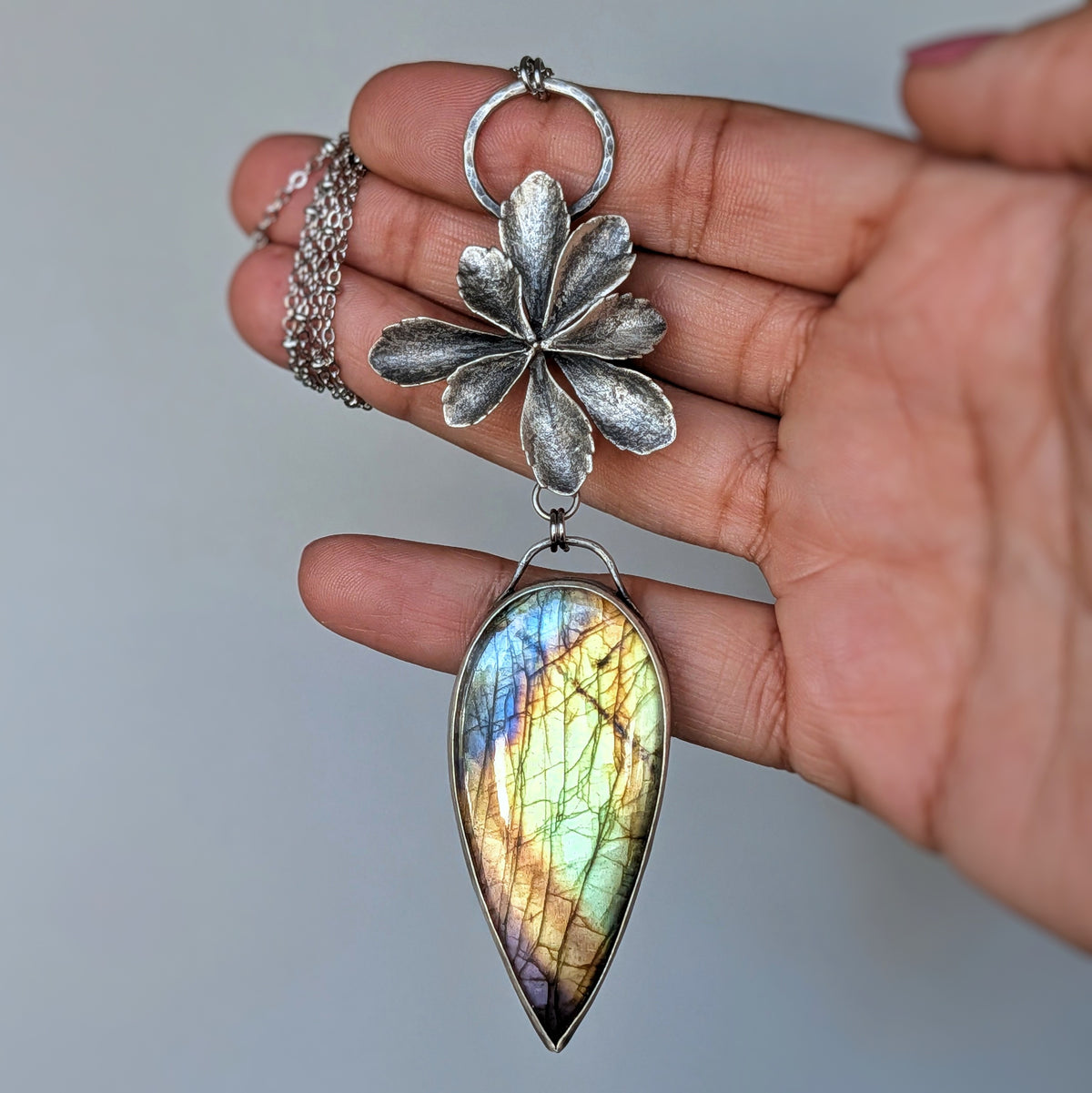 Labradorite and Sterling Silver Succulent Statement Necklace- Mixed Metal Botanical Pendant