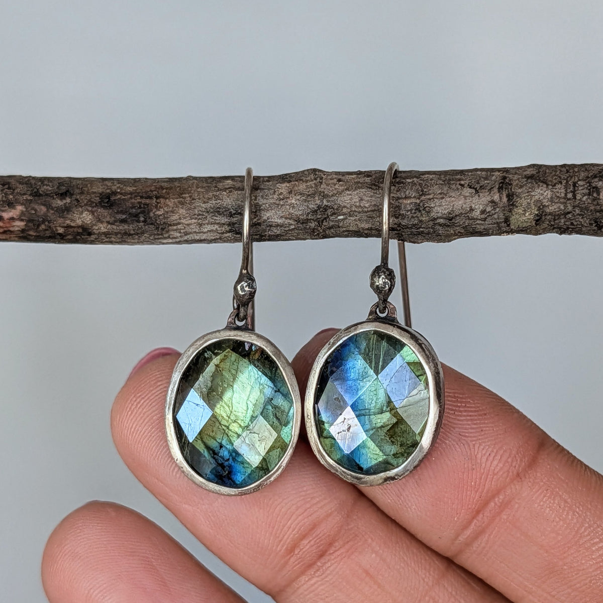 Faceted Blue Green Labradorite Dangle Earrings