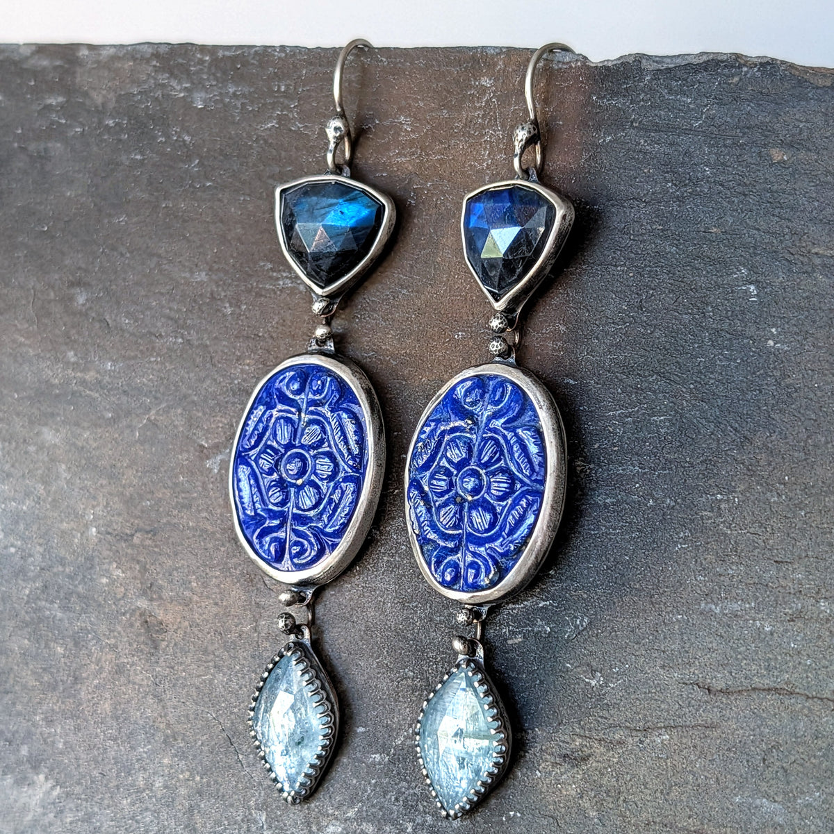 Labradorite, Carved Lapis Lazuli and Aqua Kyanite Statement Earrings