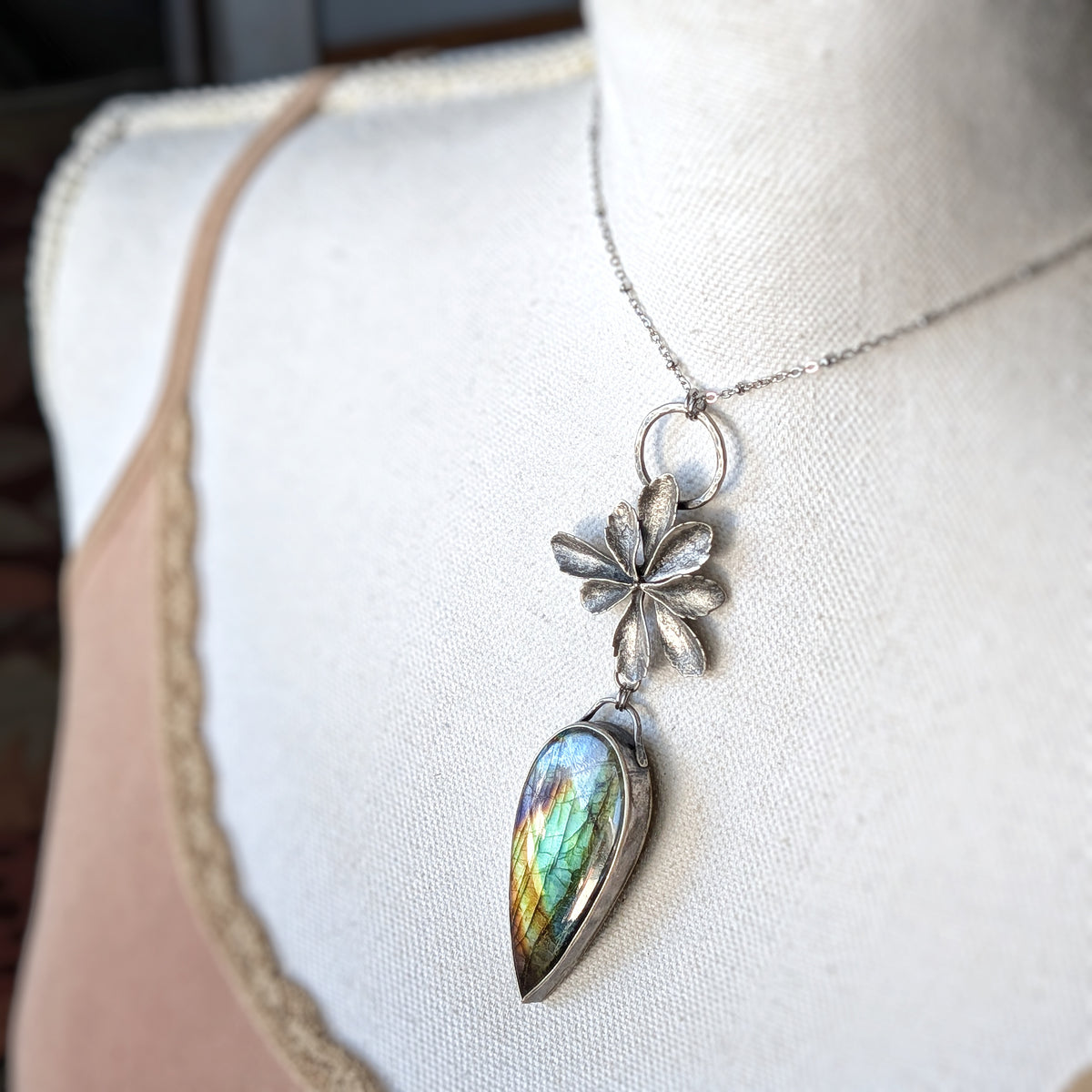 Labradorite and Sterling Silver Succulent Statement Necklace- Mixed Metal Botanical Pendant