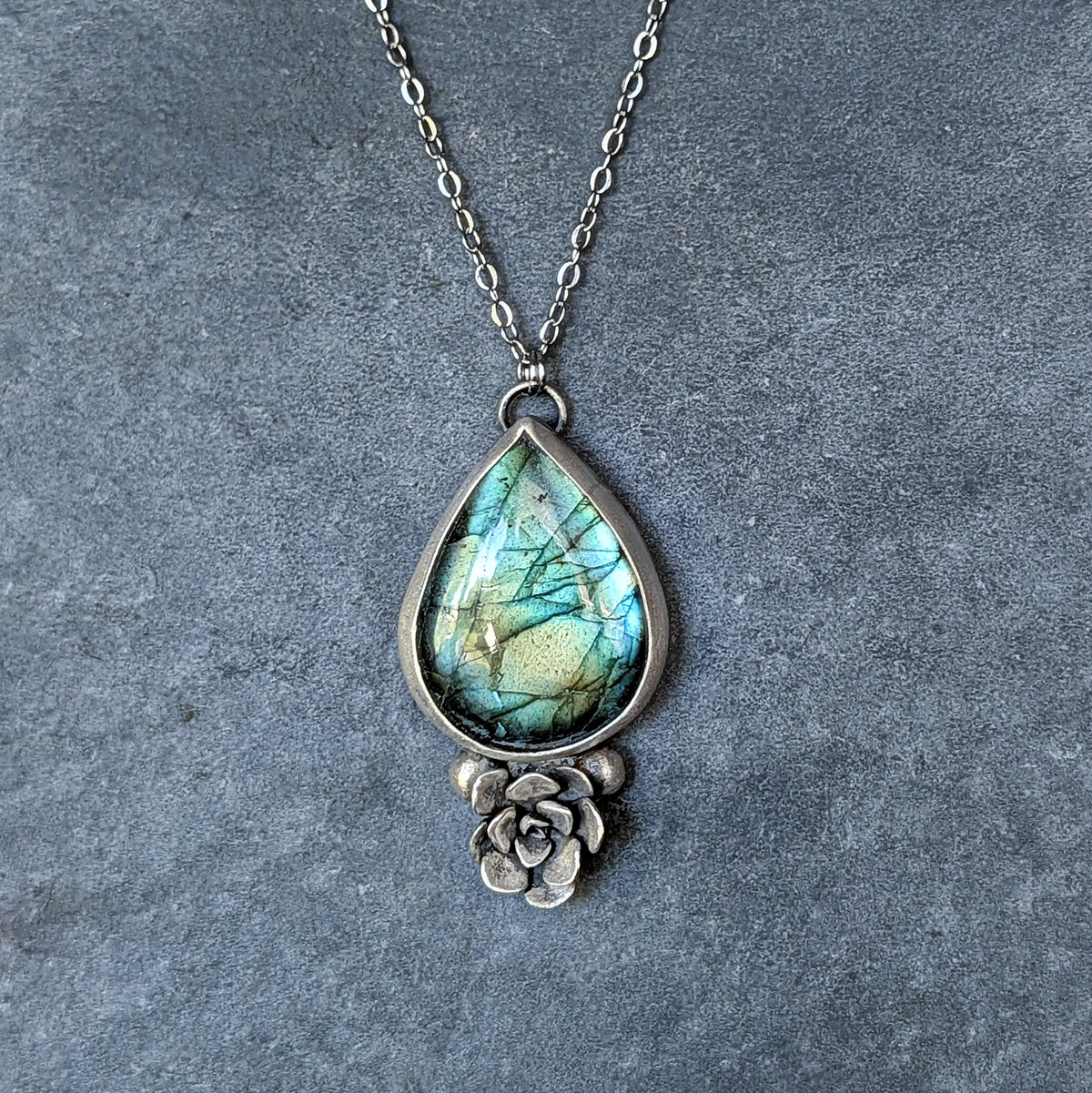 Labradorite and Sterling Silver Succulent Necklace- Botanical Pendant