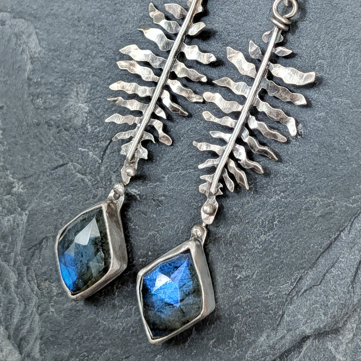 Hand-Sawn Sterling Silver Fern and Blue Labradorite Earrings