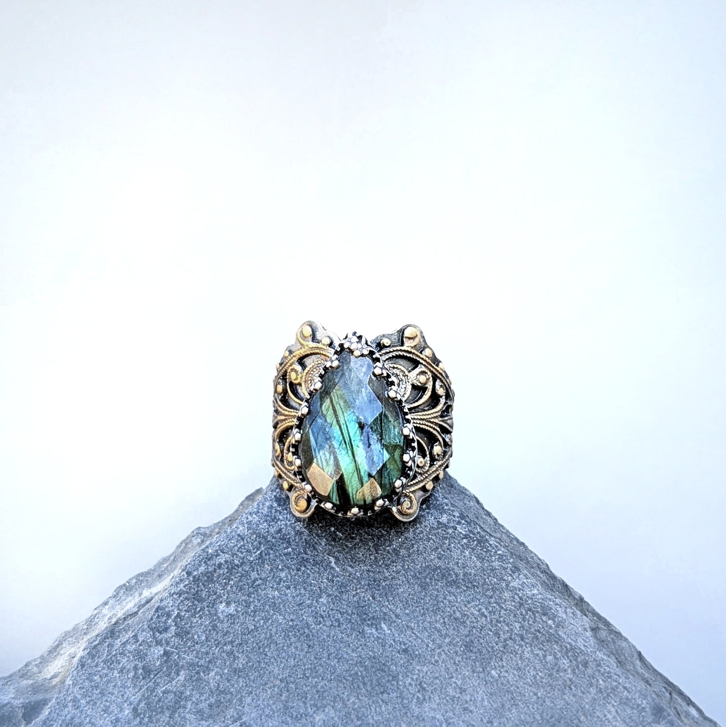 Faceted labradorite and filigree statement ring, adjustable