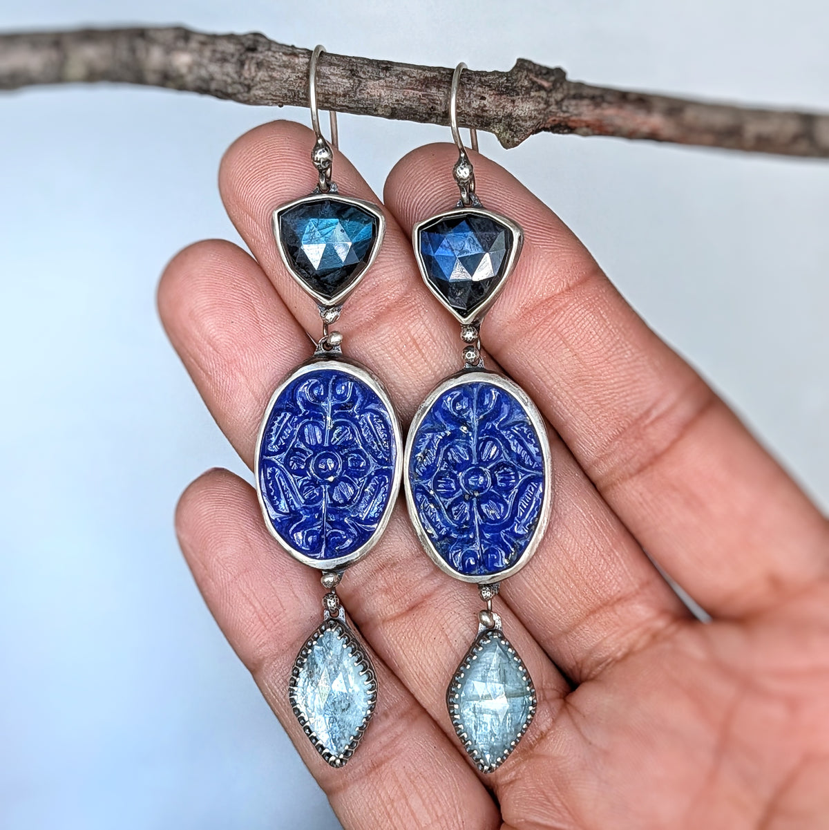 Labradorite, Carved Lapis Lazuli and Aqua Kyanite Statement Earrings