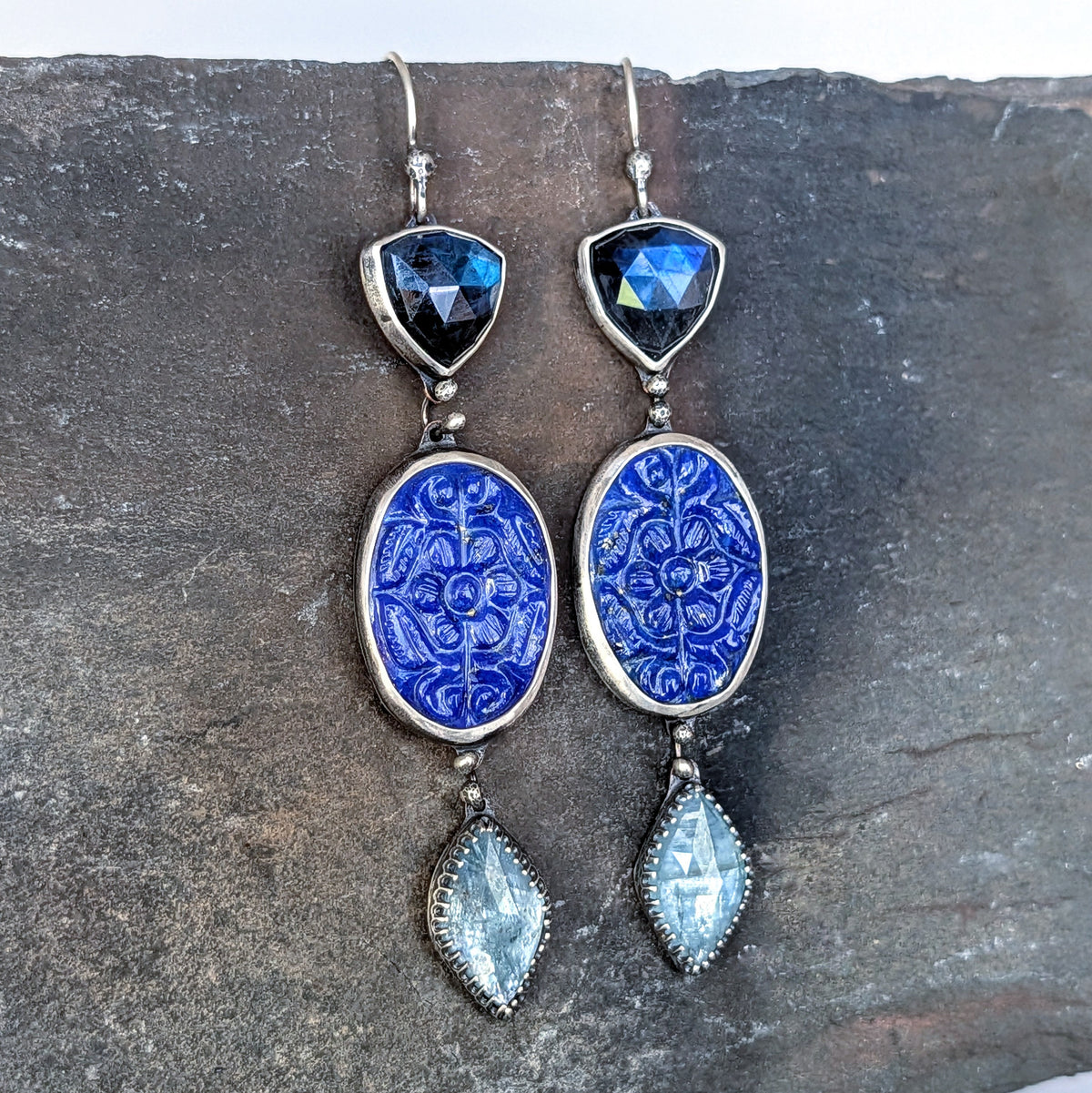 Labradorite, Carved Lapis Lazuli and Aqua Kyanite Statement Earrings