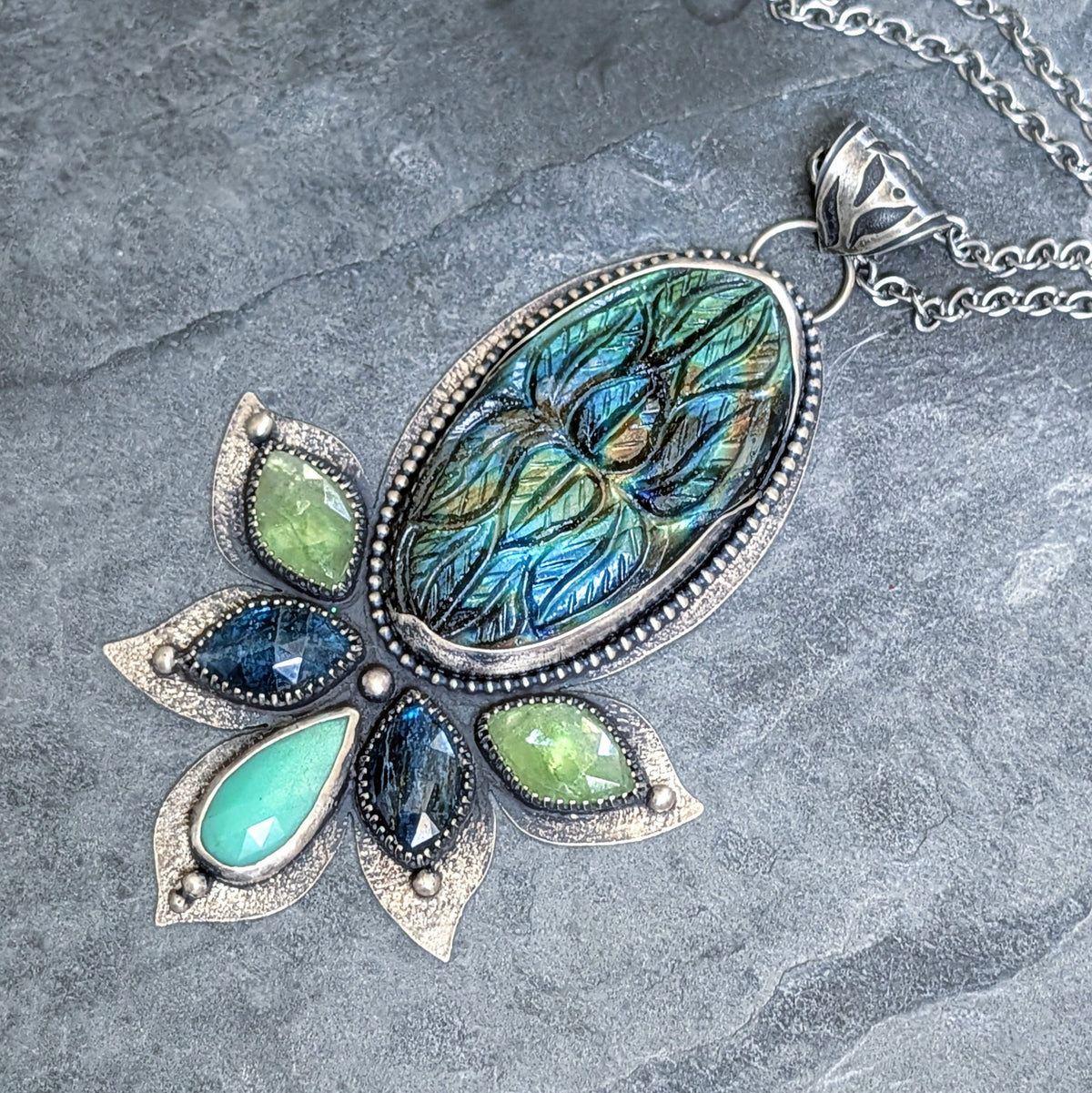 Verdant Reverie: Carved Labradorite, Kyanite, and Chrysoprase Botanical Statement Necklace in Sterling Silver