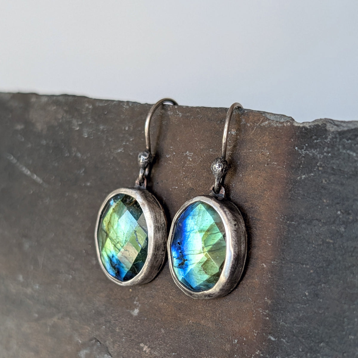Faceted Blue Green Labradorite Dangle Earrings