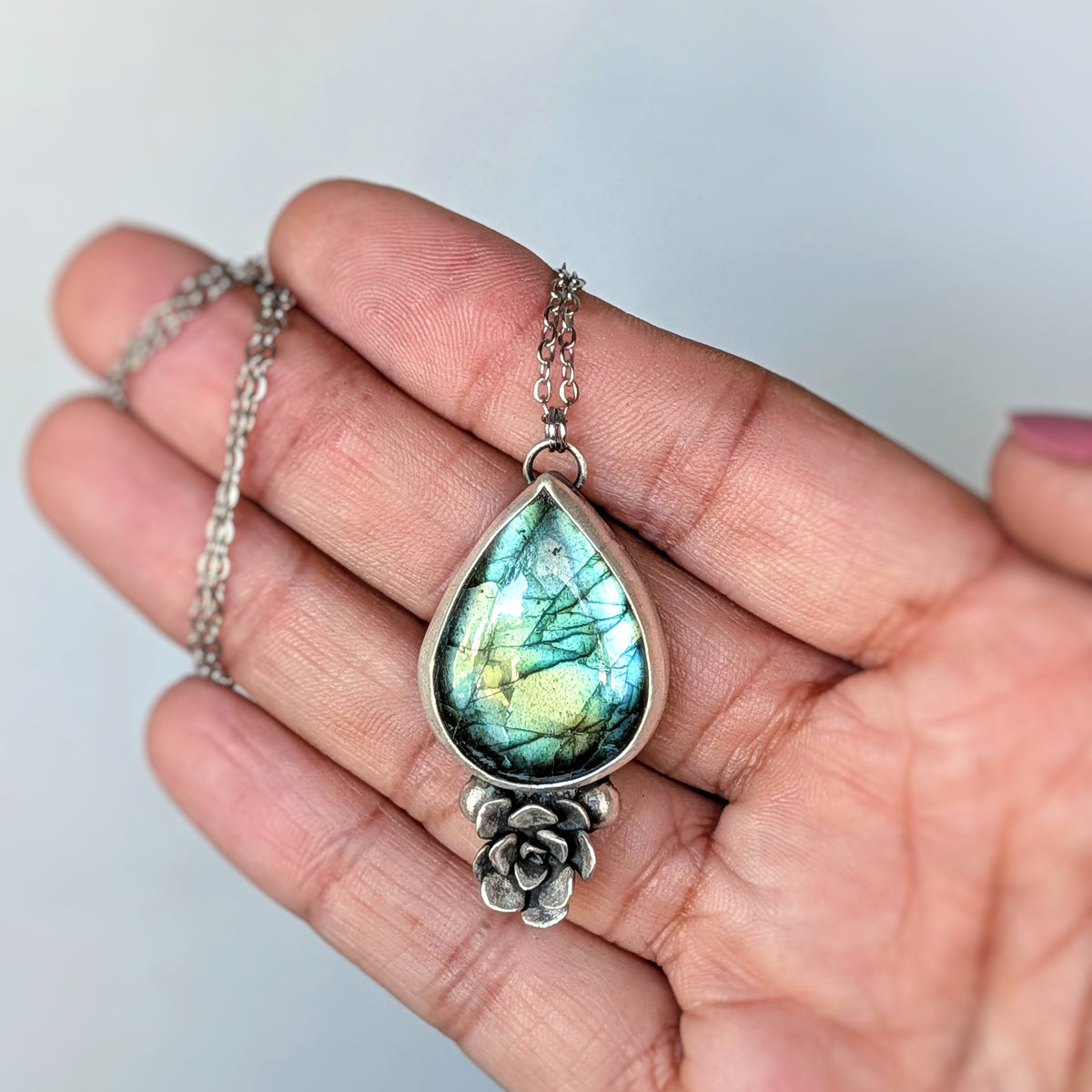 Labradorite and Sterling Silver Succulent Necklace- Botanical Pendant