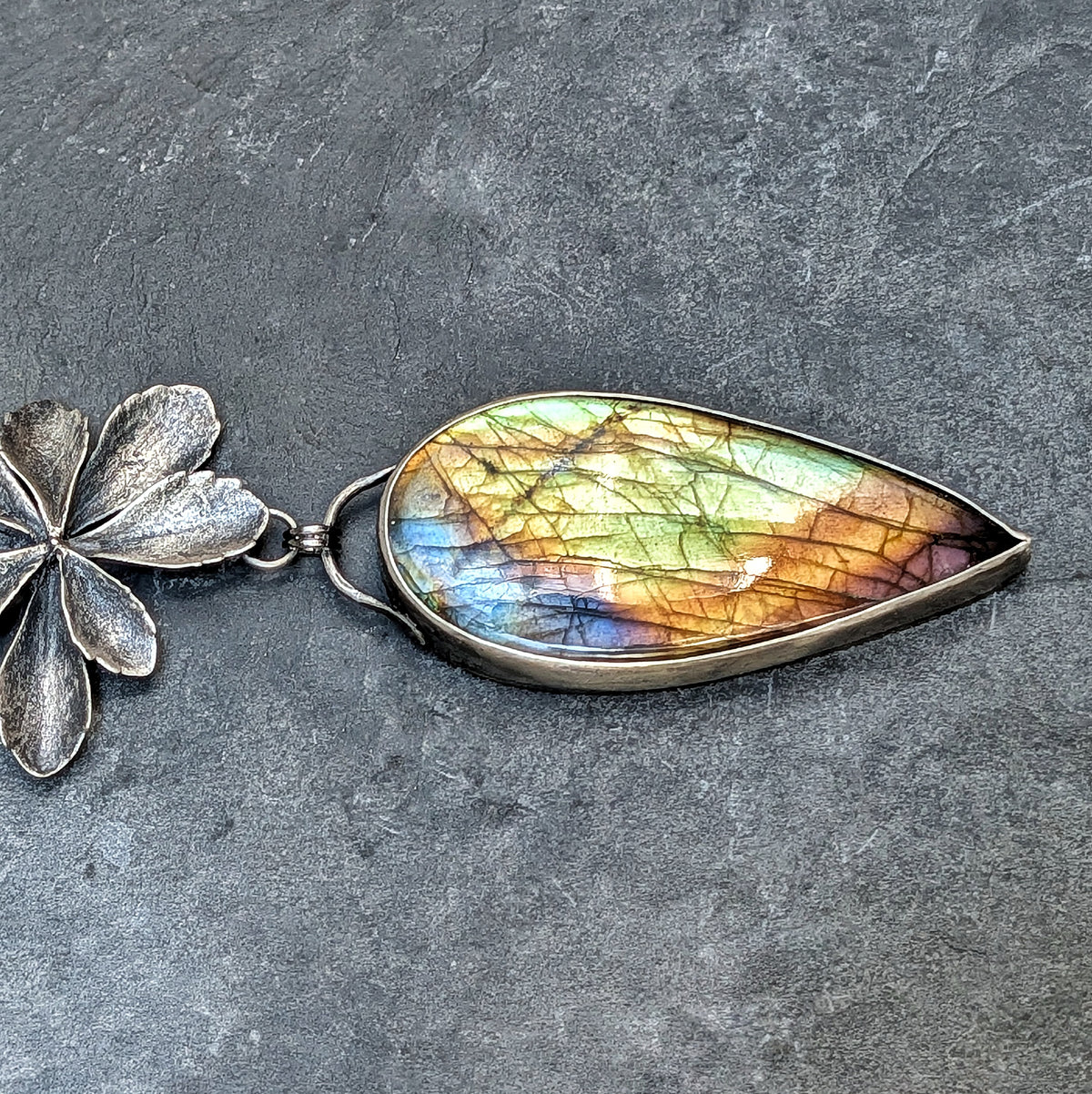 Labradorite and Sterling Silver Succulent Statement Necklace- Mixed Metal Botanical Pendant