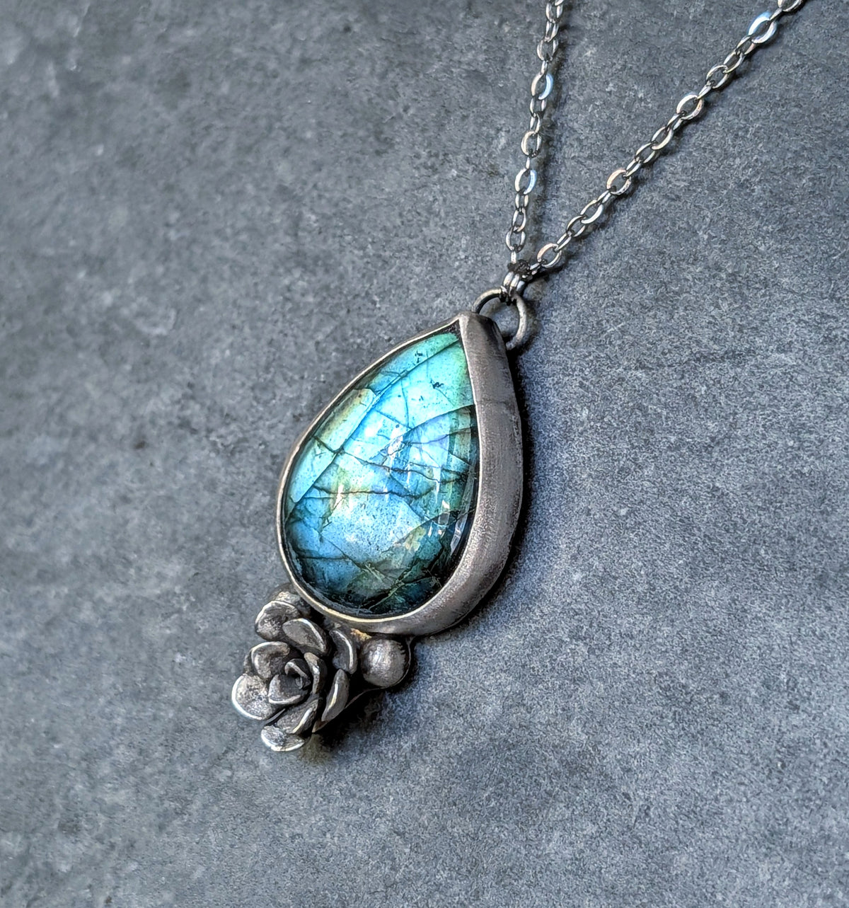 Labradorite and Sterling Silver Succulent Necklace- Botanical Pendant