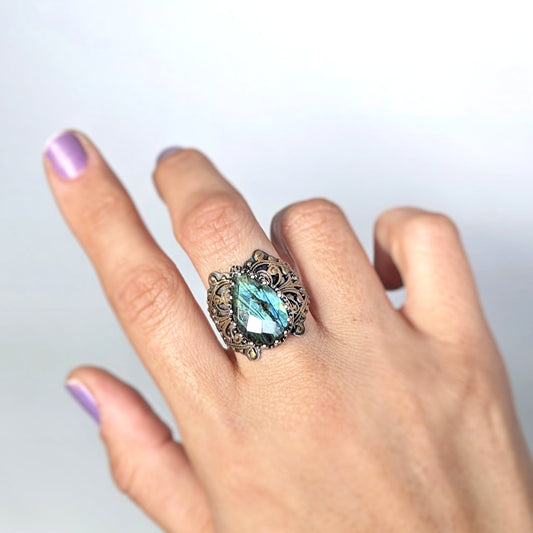Faceted labradorite and filigree statement ring, adjustable