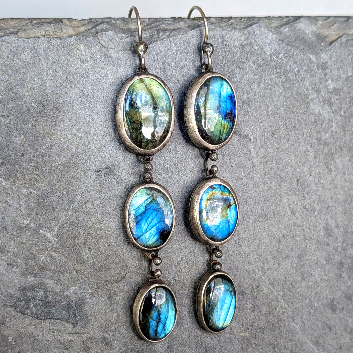 Triple Labradorite Dangle Earrings- Sterling Silver & Copper
