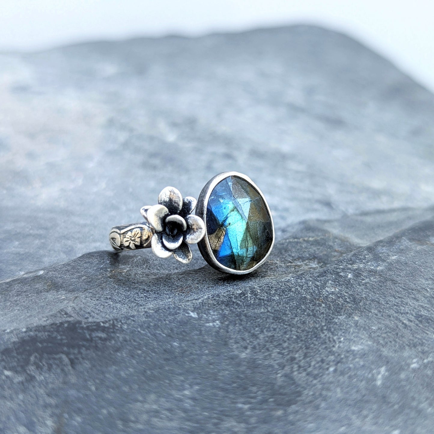 Gemmaflora Collection: Blue Labradorite and Succulent Sterling Silver Open Band Ring, adjustable sz 8-9