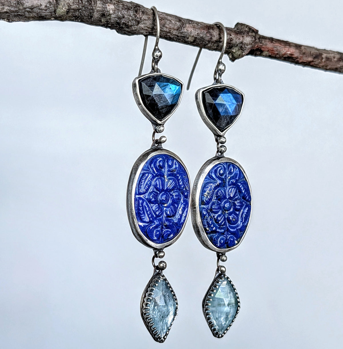 Labradorite, Carved Lapis Lazuli and Aqua Kyanite Statement Earrings