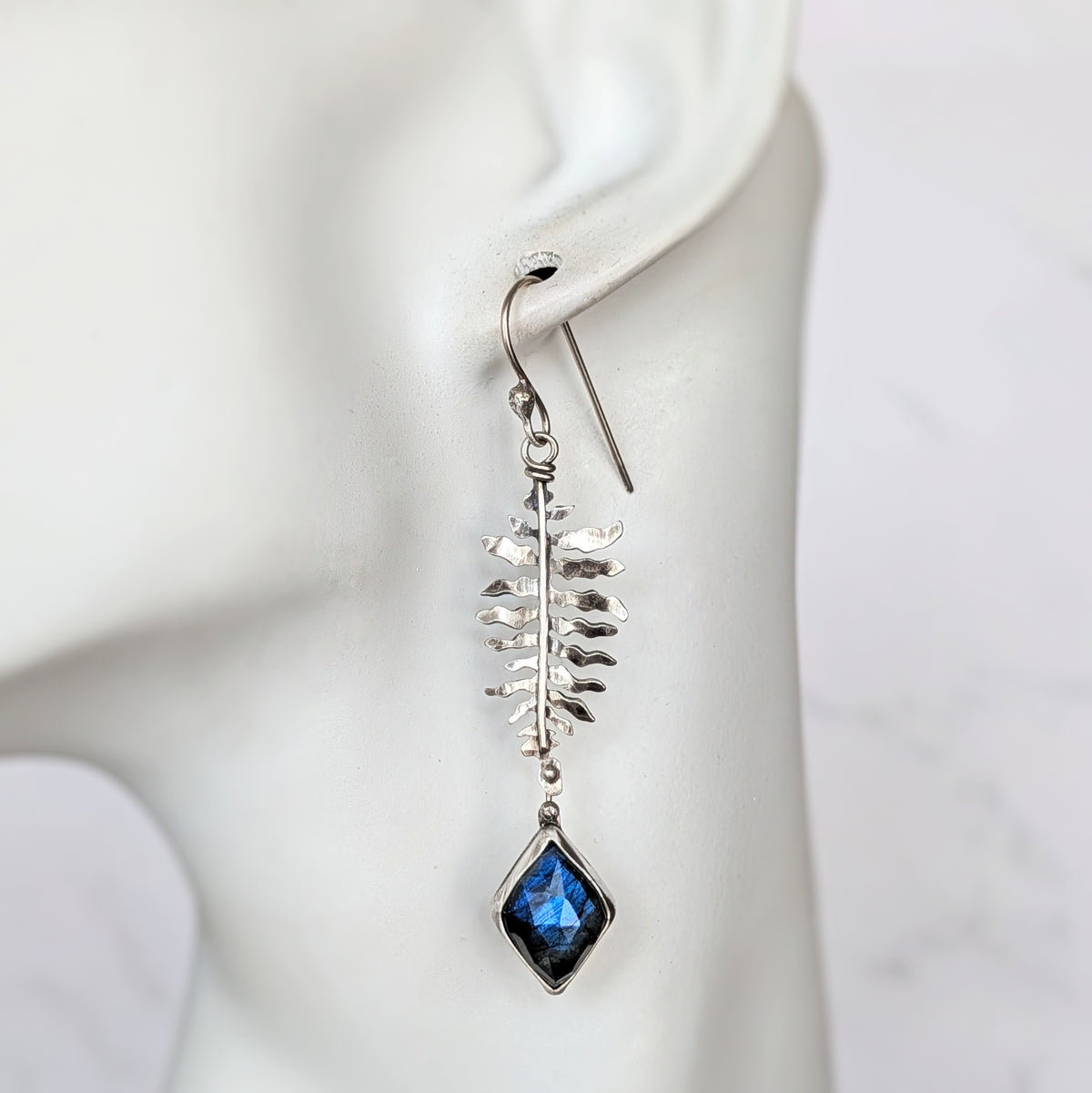 Hand-Sawn Sterling Silver Fern and Blue Labradorite Earrings