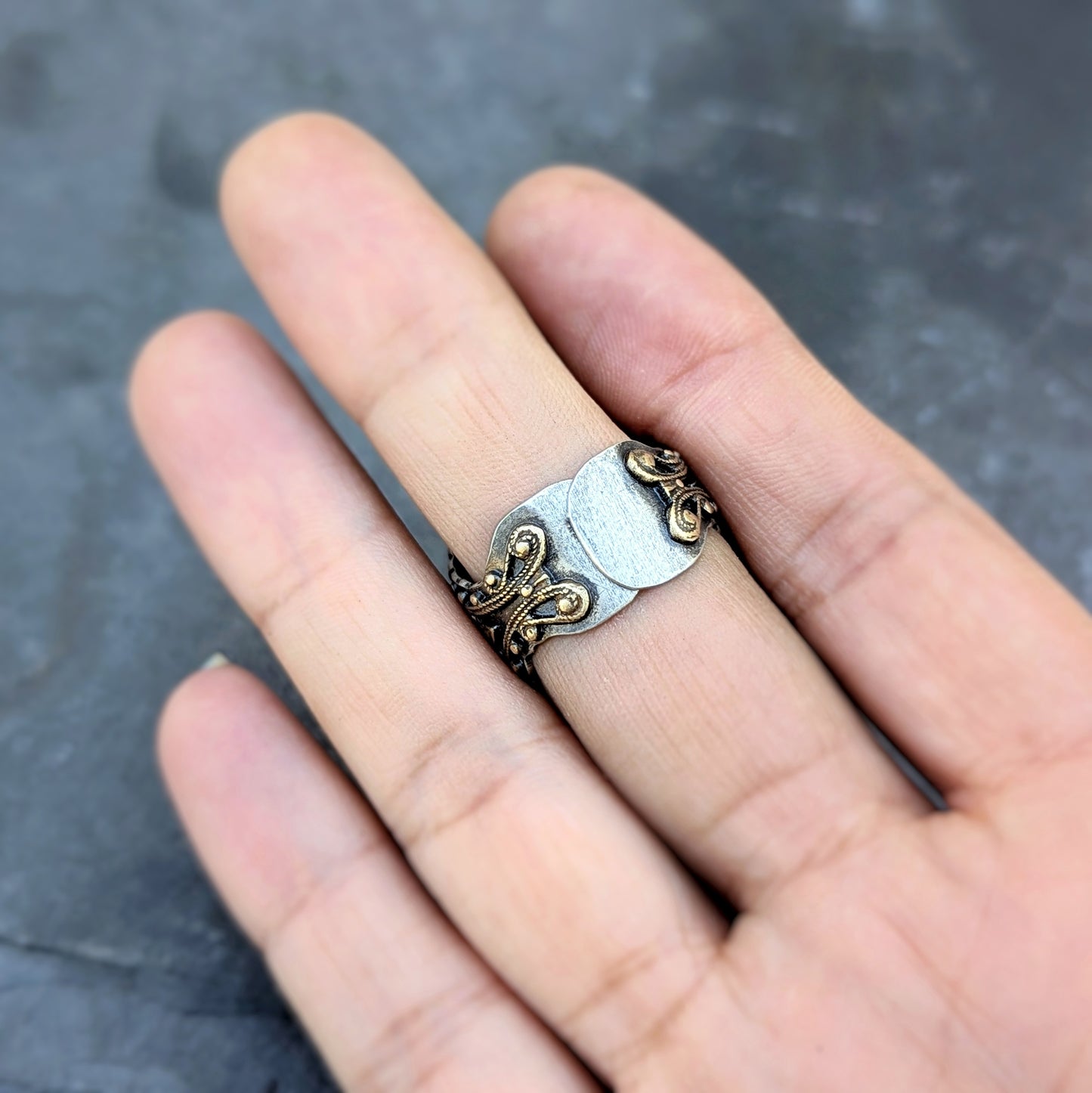 Faceted labradorite and filigree statement ring, adjustable