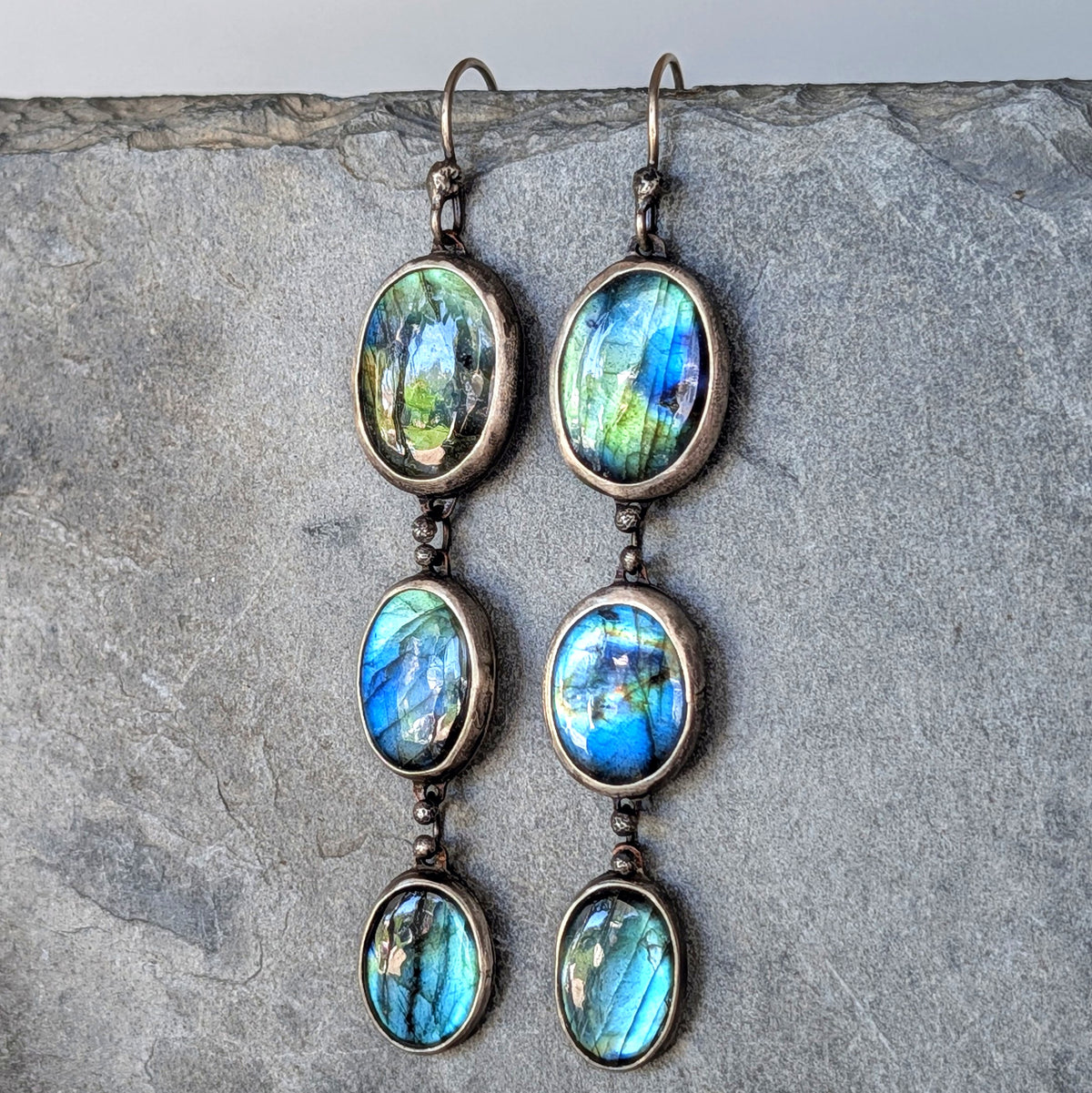 Triple Labradorite Dangle Earrings- Sterling Silver & Copper