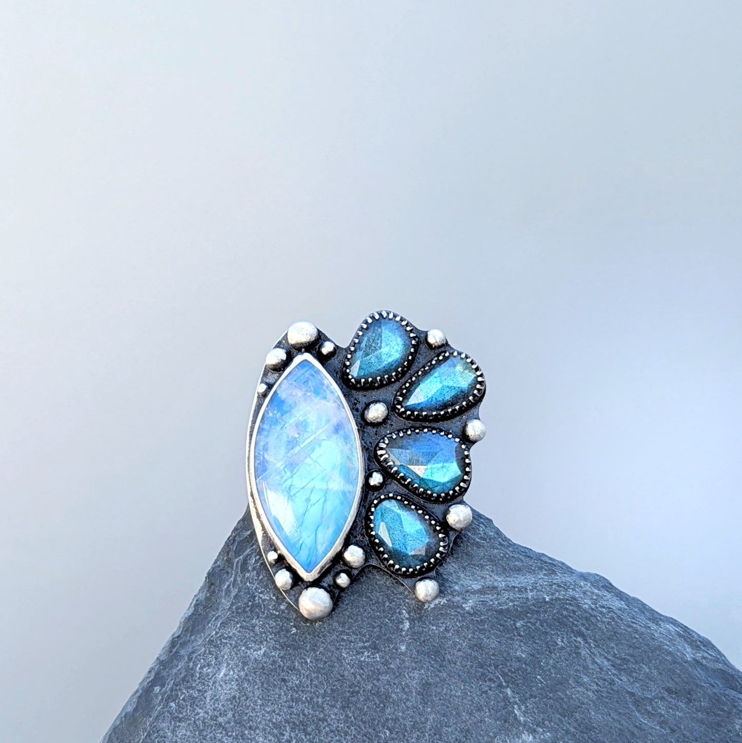 Solaris Ring: Rainbow Moonstone and Labradorite in Sterling Silver