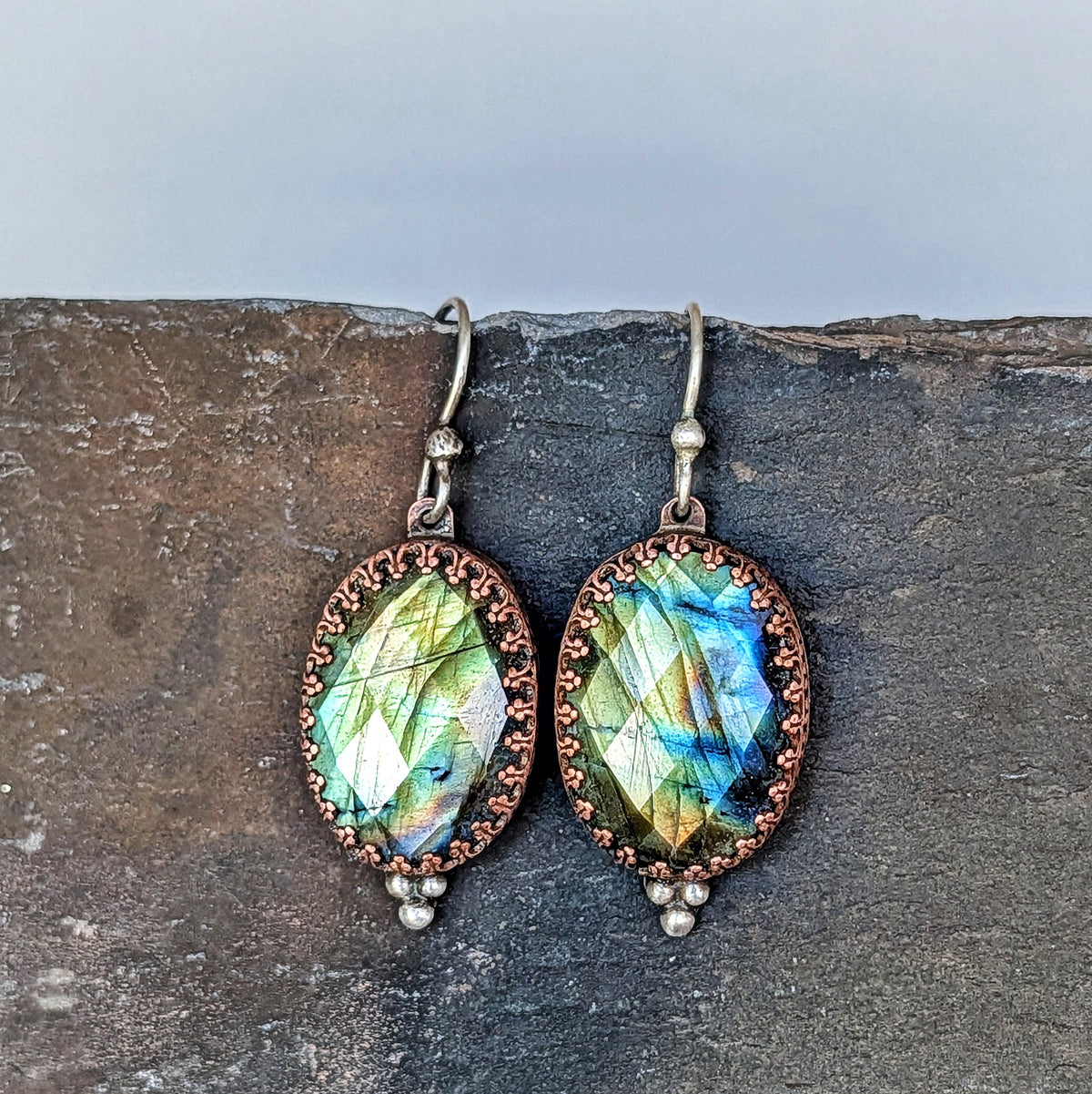 Faceted Labradorite and Copper Filigree Earrings- Sterling Silver Ear Wires
