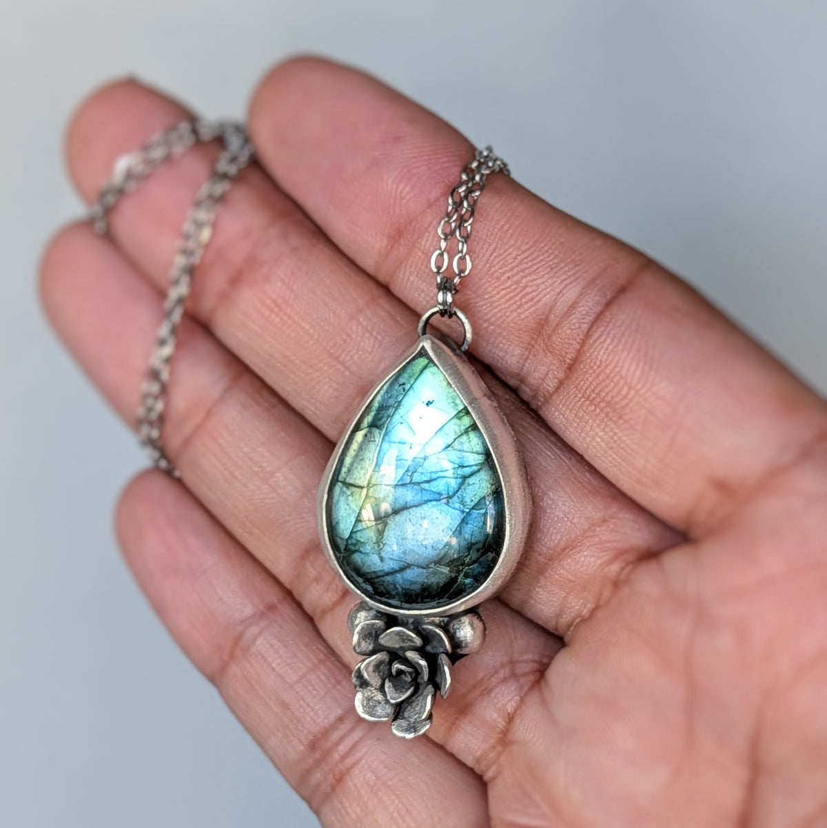 Labradorite and Sterling Silver Succulent Necklace- Botanical Pendant