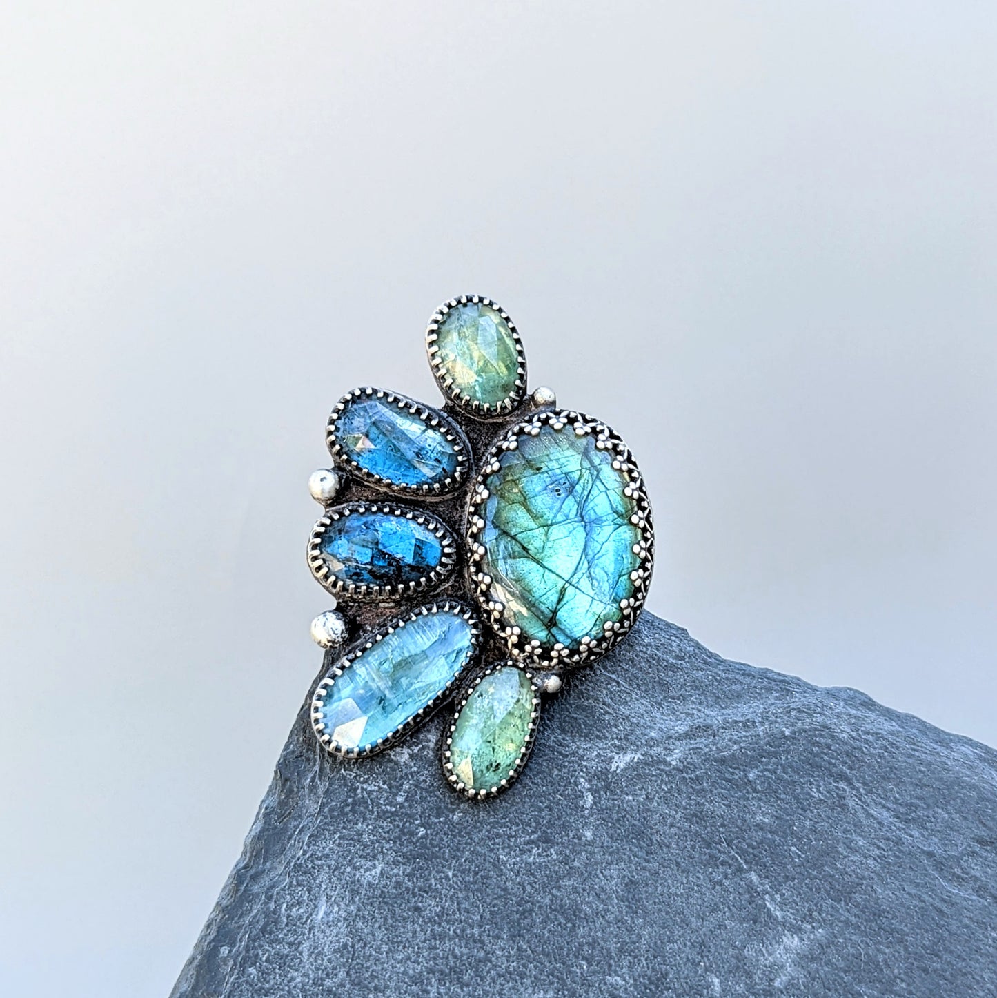 Solaris Ring; Labradorite and Kyanite Mixed Metal Statement Ring