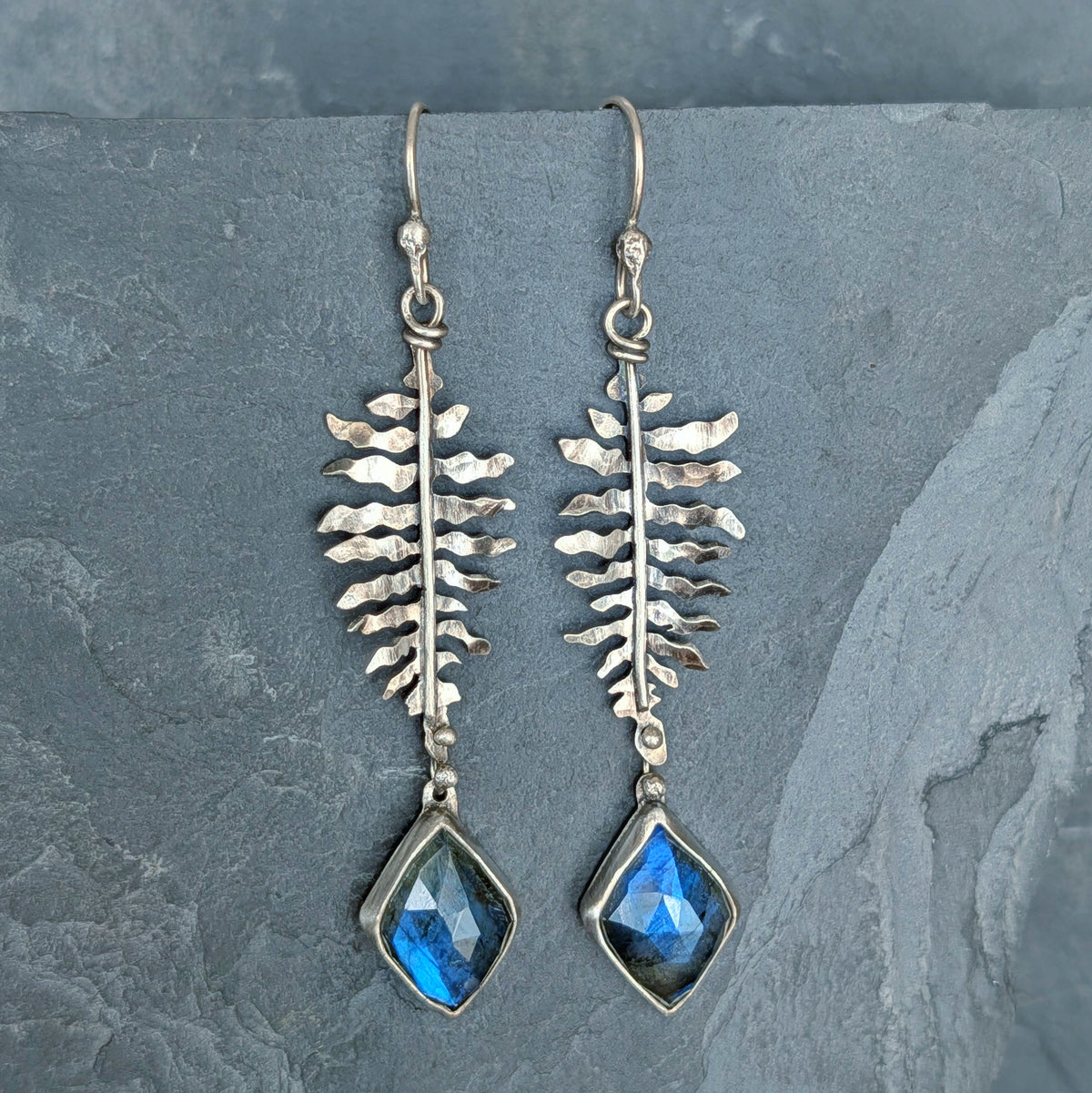 Hand-Sawn Sterling Silver Fern and Blue Labradorite Earrings
