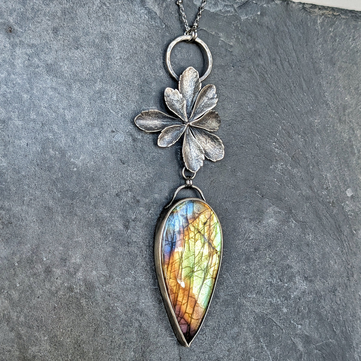 Labradorite and Sterling Silver Succulent Statement Necklace- Mixed Metal Botanical Pendant