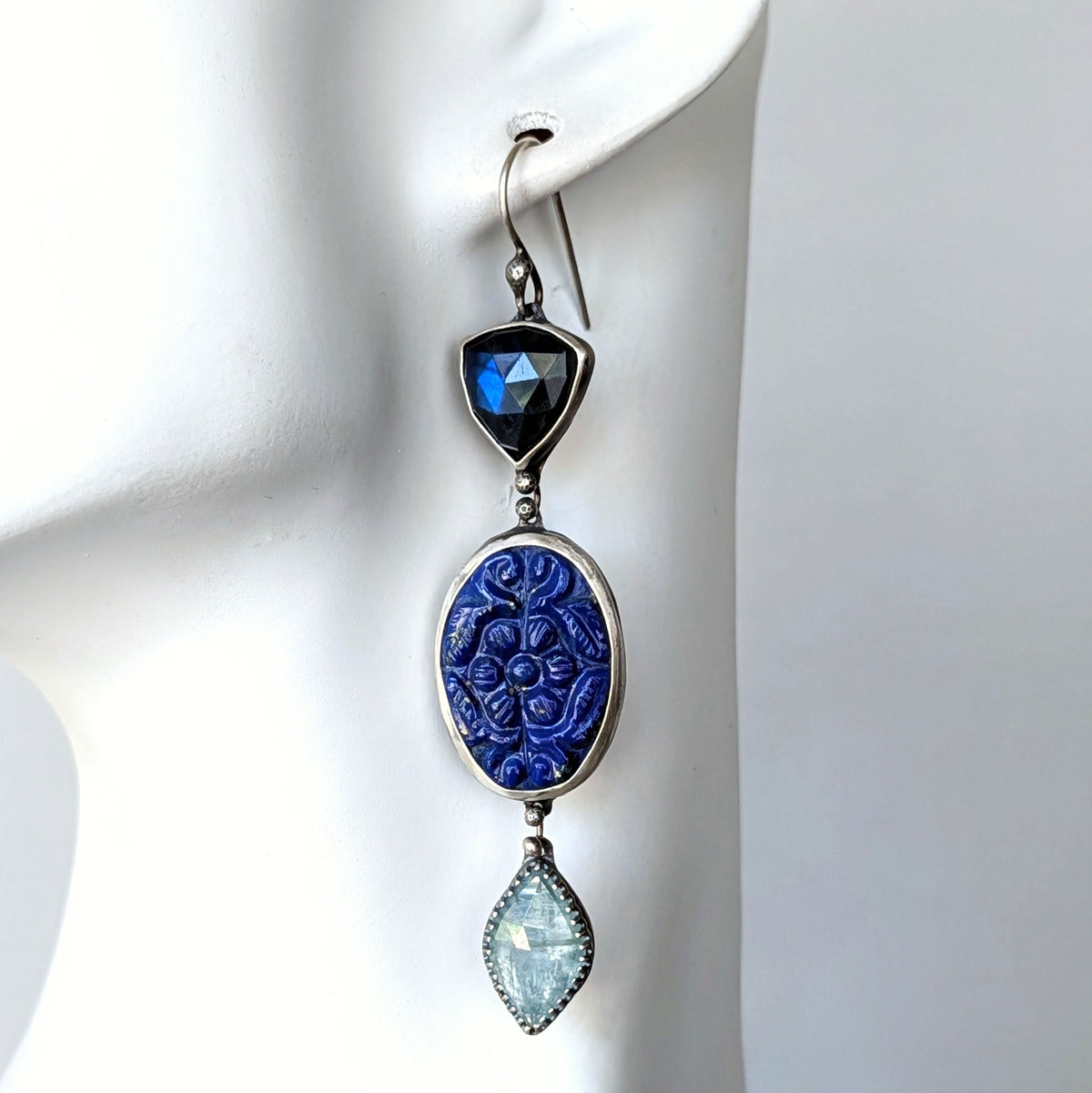 Labradorite, Carved Lapis Lazuli and Aqua Kyanite Statement Earrings