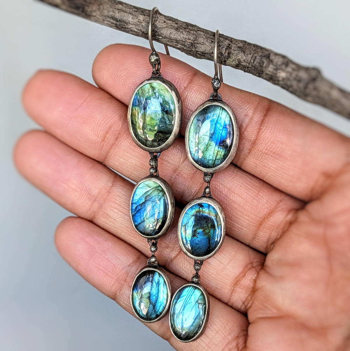 Triple Labradorite Dangle Earrings- Sterling Silver & Copper