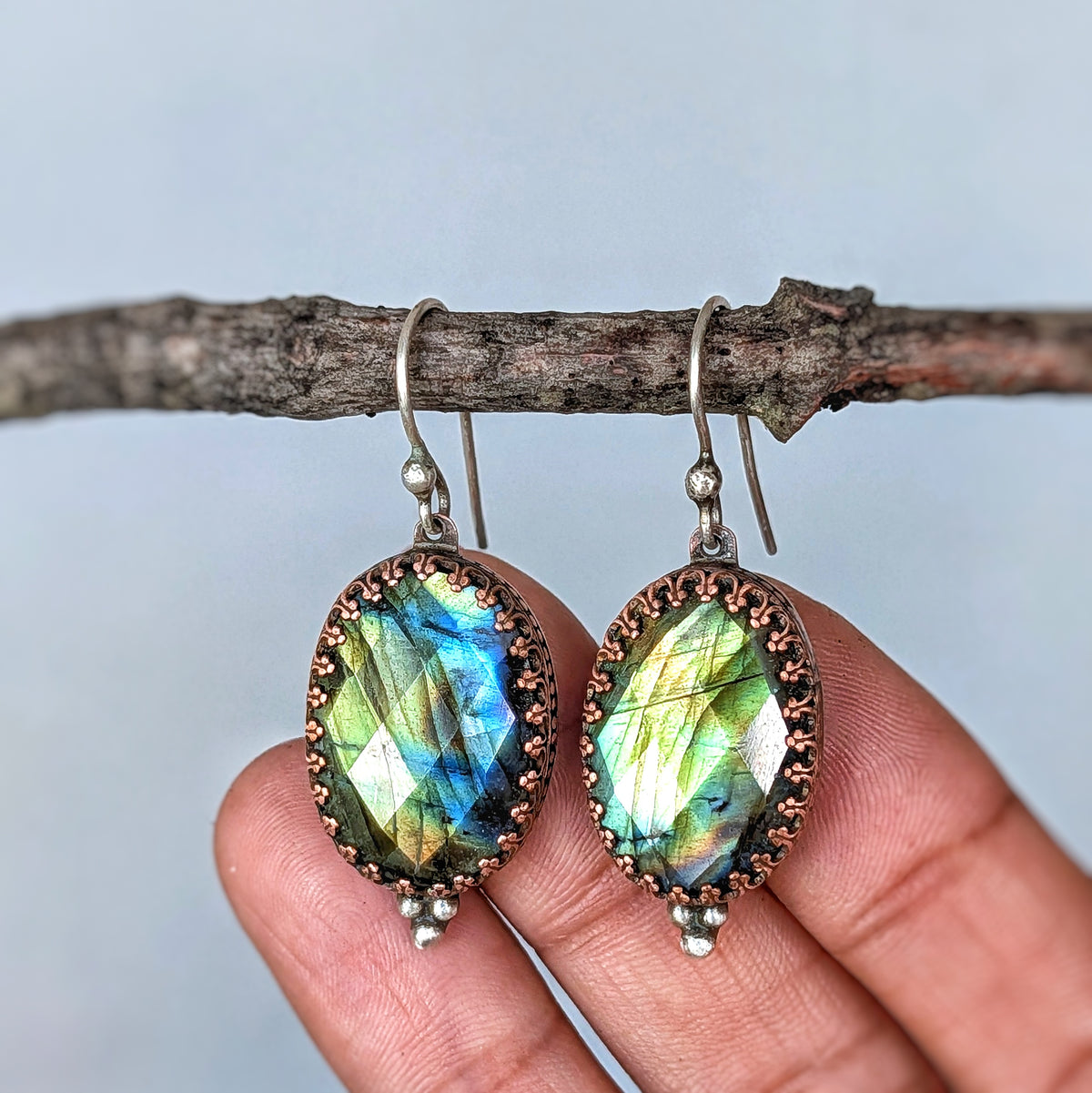 Faceted Labradorite and Copper Filigree Earrings- Sterling Silver Ear Wires