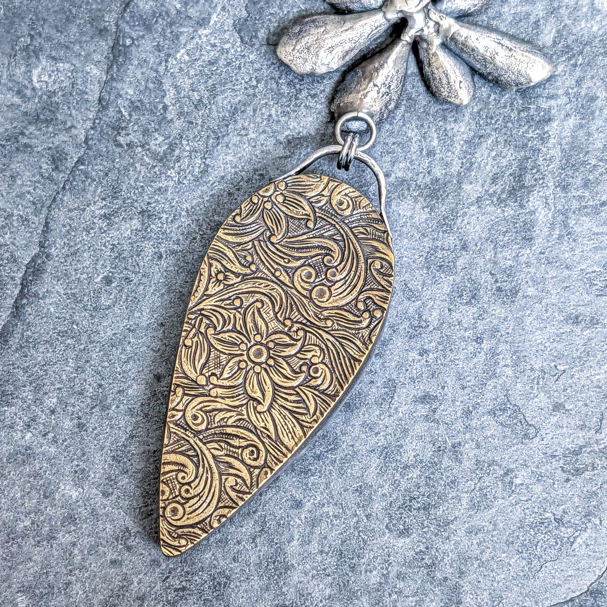 Labradorite and Sterling Silver Succulent Statement Necklace- Mixed Metal Botanical Pendant