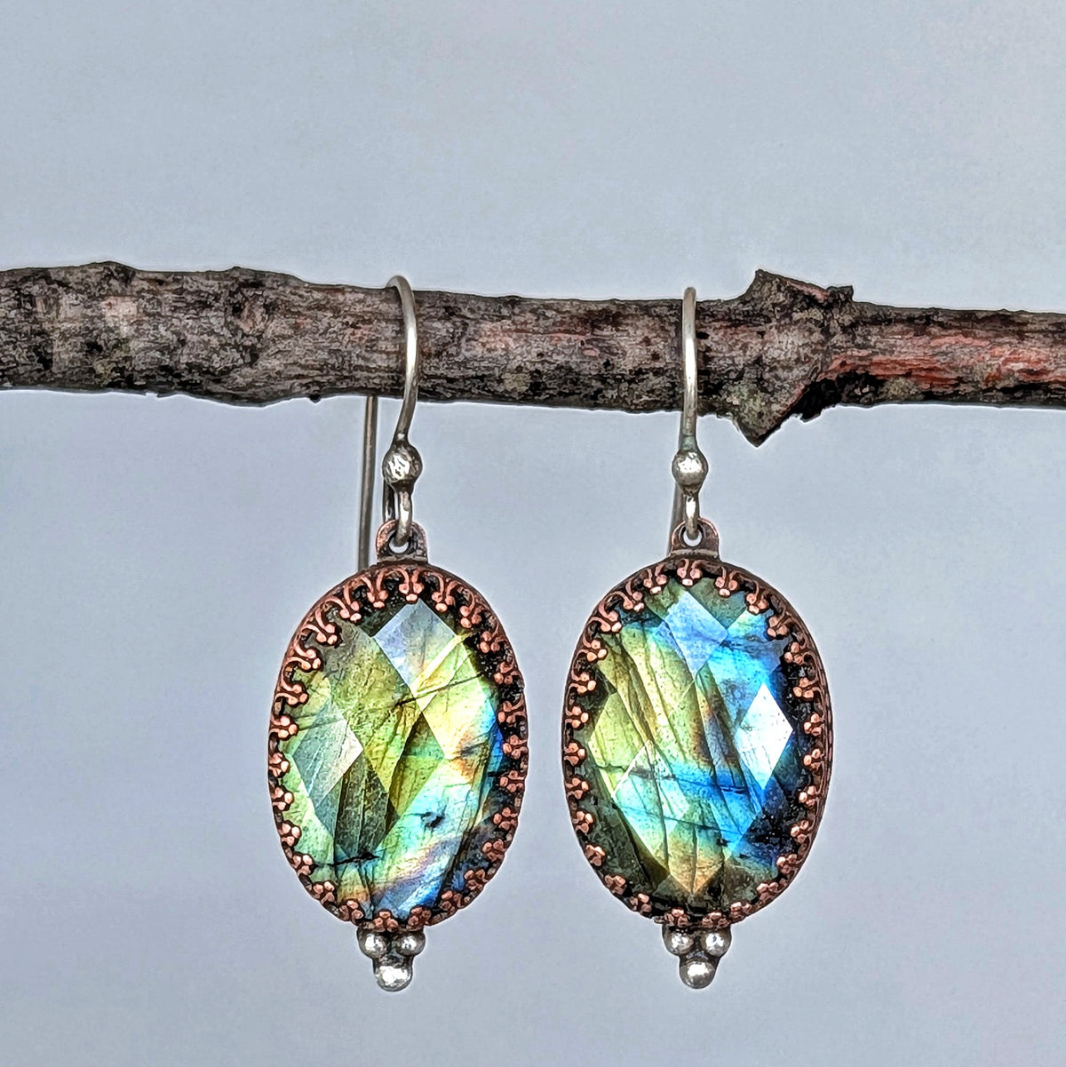 Faceted Labradorite and Copper Filigree Earrings- Sterling Silver Ear Wires