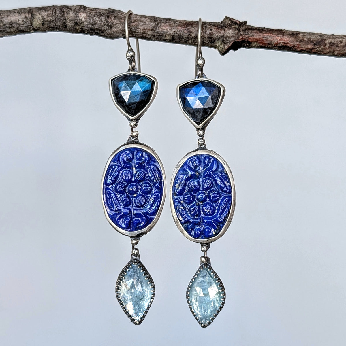 Labradorite, Carved Lapis Lazuli and Aqua Kyanite Statement Earrings