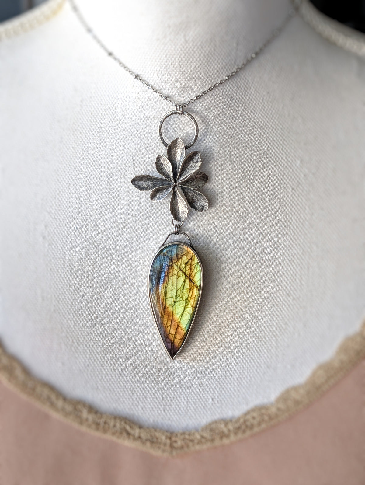 Labradorite and Sterling Silver Succulent Statement Necklace- Mixed Metal Botanical Pendant