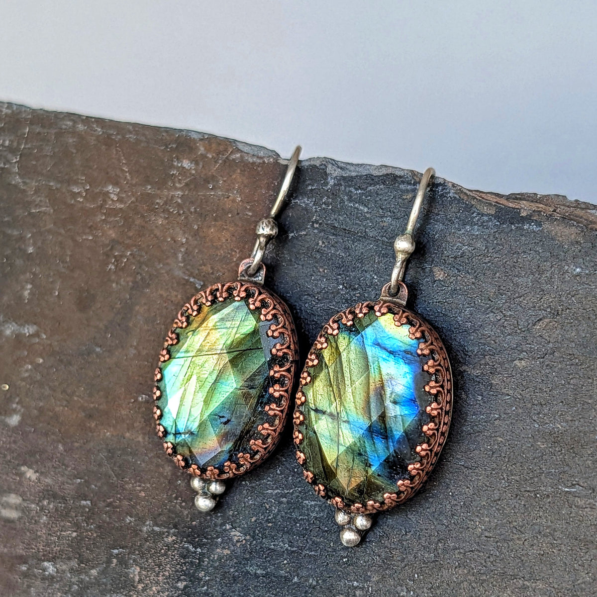 Faceted Labradorite and Copper Filigree Earrings- Sterling Silver Ear Wires