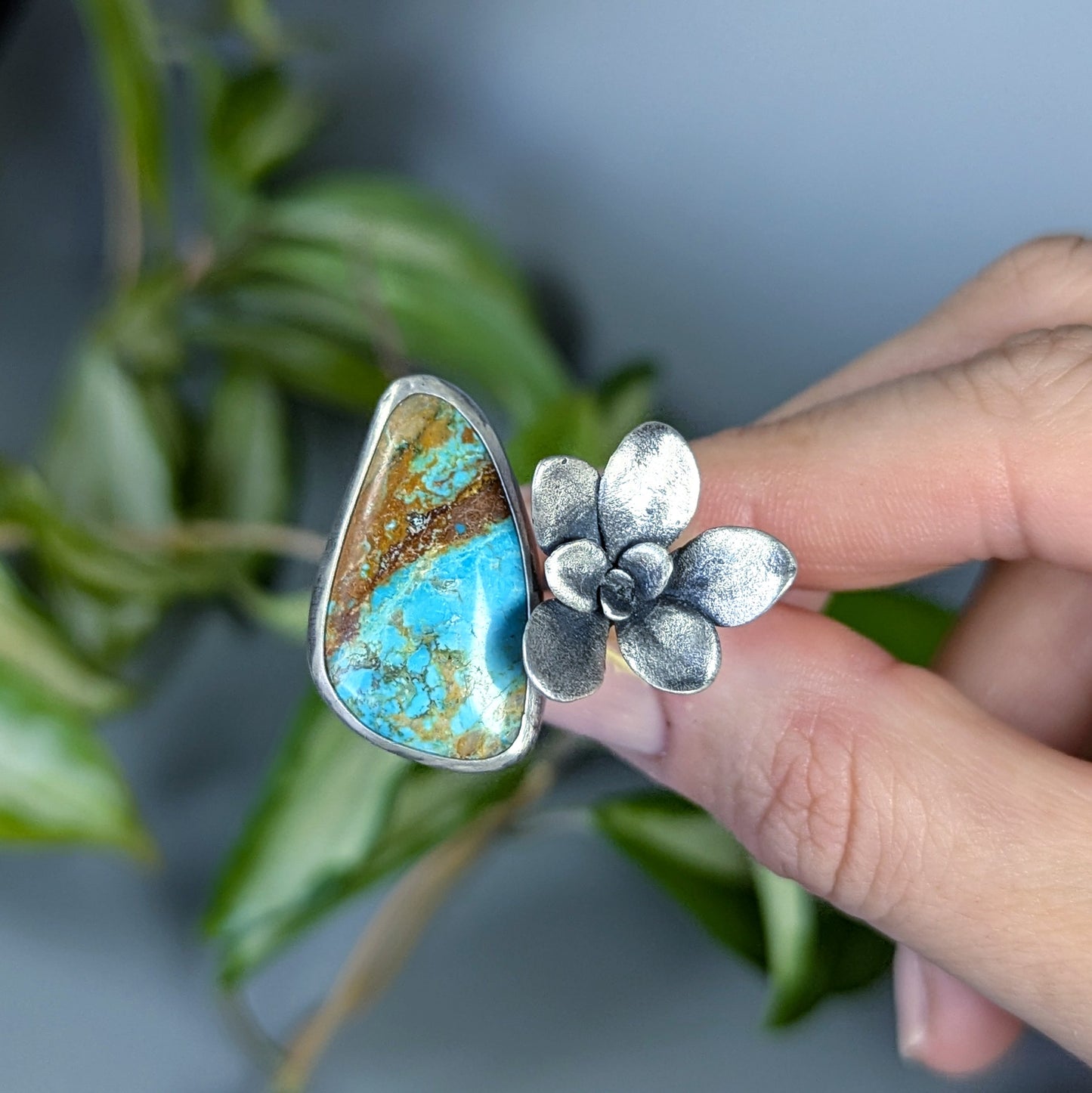 Gemmaflora Maxima: American Turquoise and Cast Sterling Silver Succulent Artisan Statement Ring
