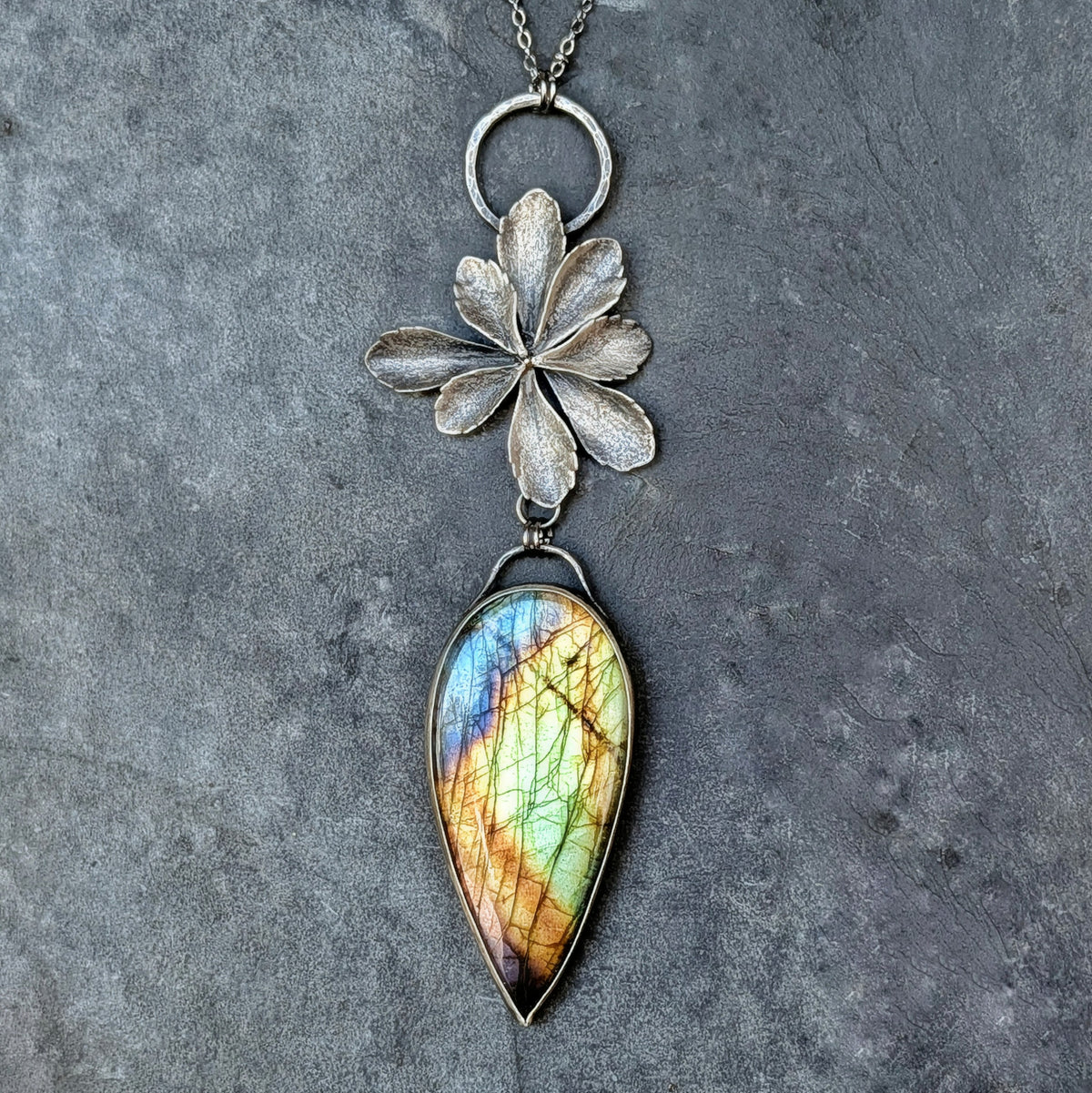 Labradorite and Sterling Silver Succulent Statement Necklace- Mixed Metal Botanical Pendant