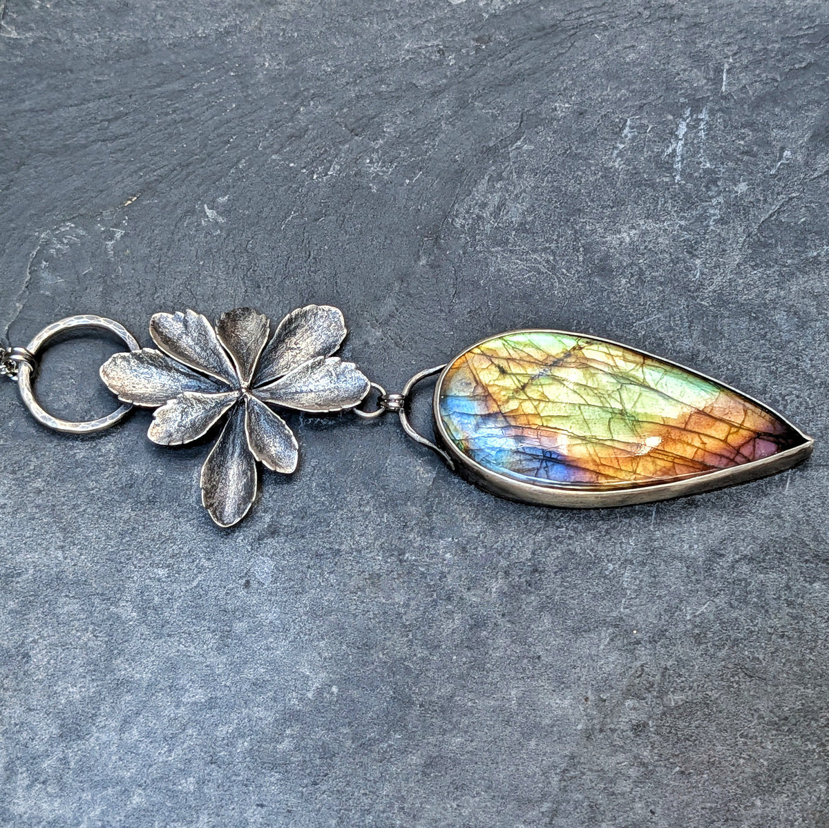Labradorite and Sterling Silver Succulent Statement Necklace- Mixed Metal Botanical Pendant