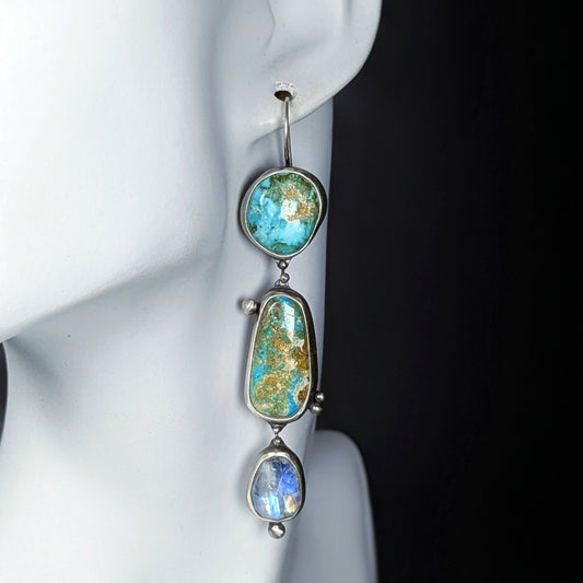 Bijoux Ensemble: One of a Kind Royston Turquoise and Blue Moonstone Artisan Cascade Earrings