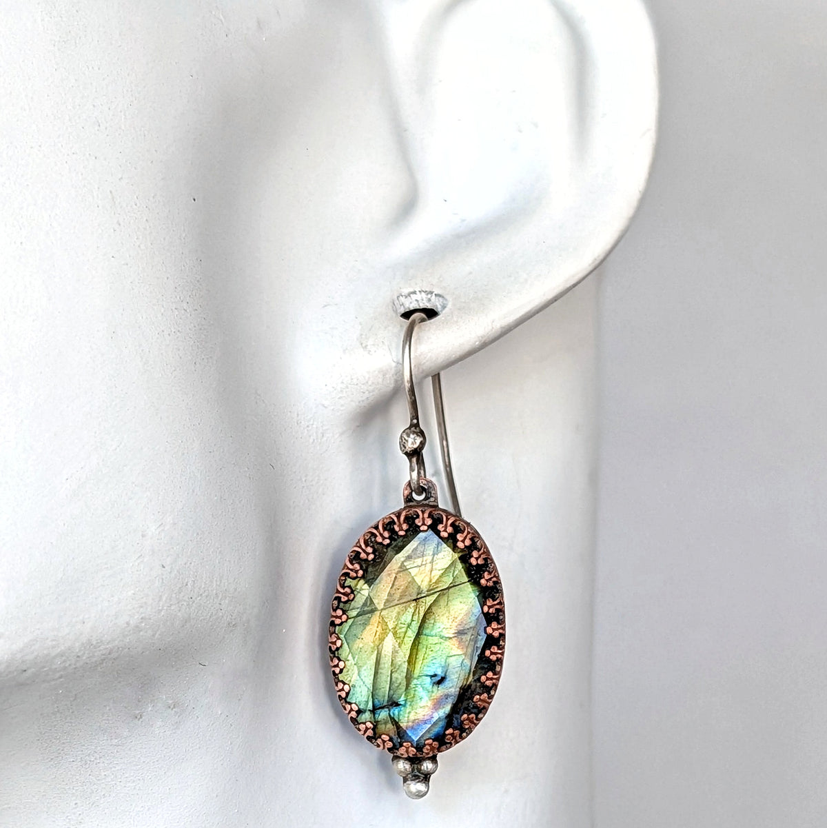 Faceted Labradorite and Copper Filigree Earrings- Sterling Silver Ear Wires