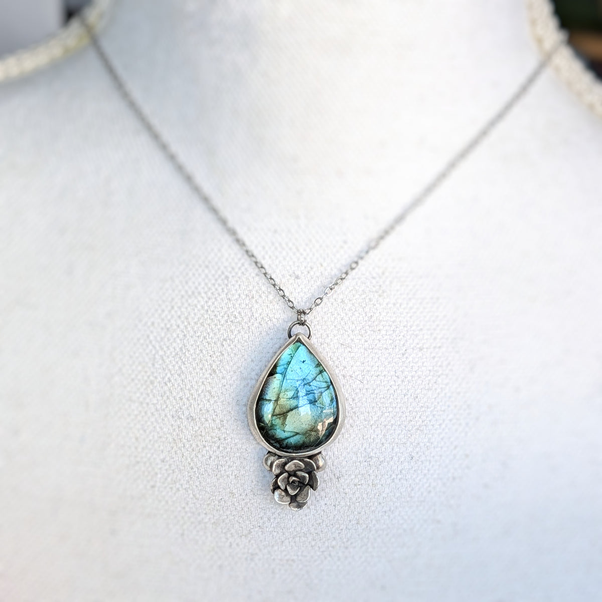 Labradorite and Sterling Silver Succulent Necklace- Botanical Pendant