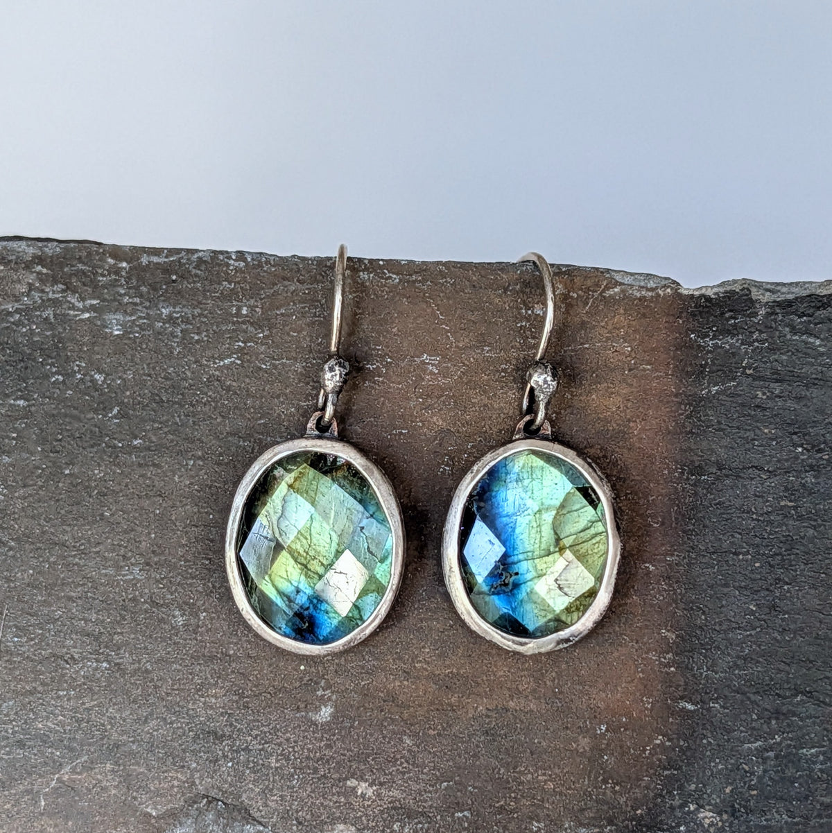 Faceted Blue Green Labradorite Dangle Earrings