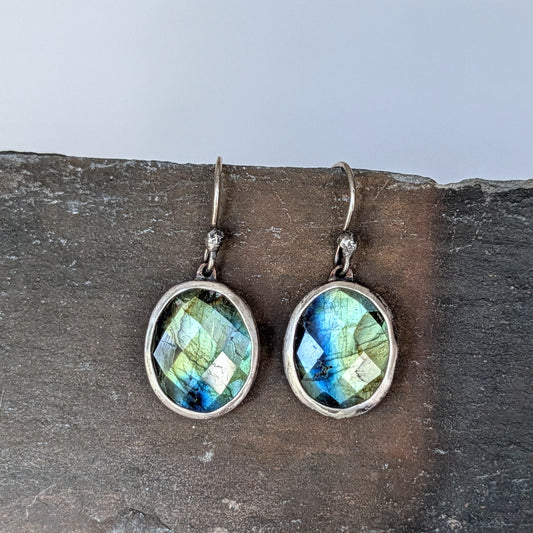 Faceted Blue Green Labradorite Dangle Earrings