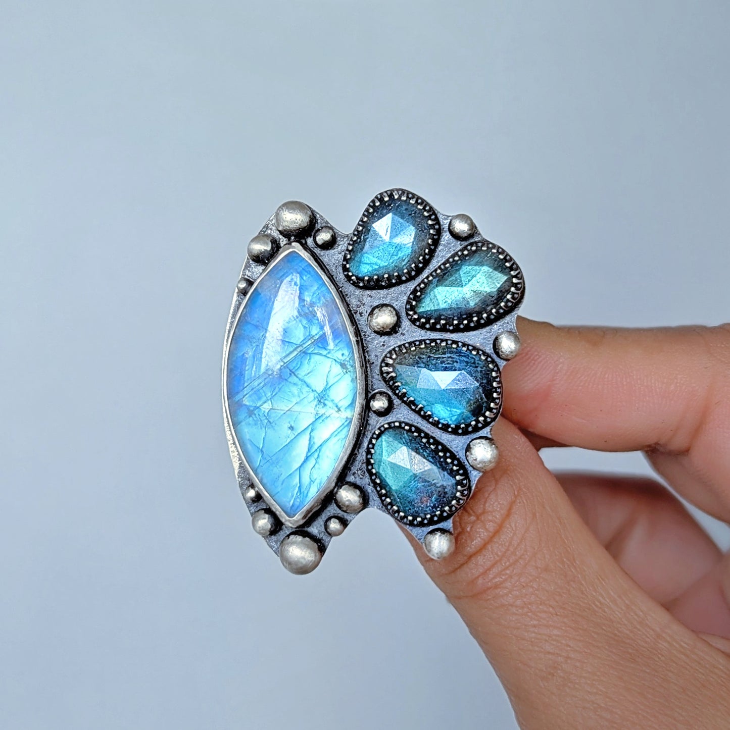 Solaris Ring: Rainbow Moonstone and Labradorite in Sterling Silver