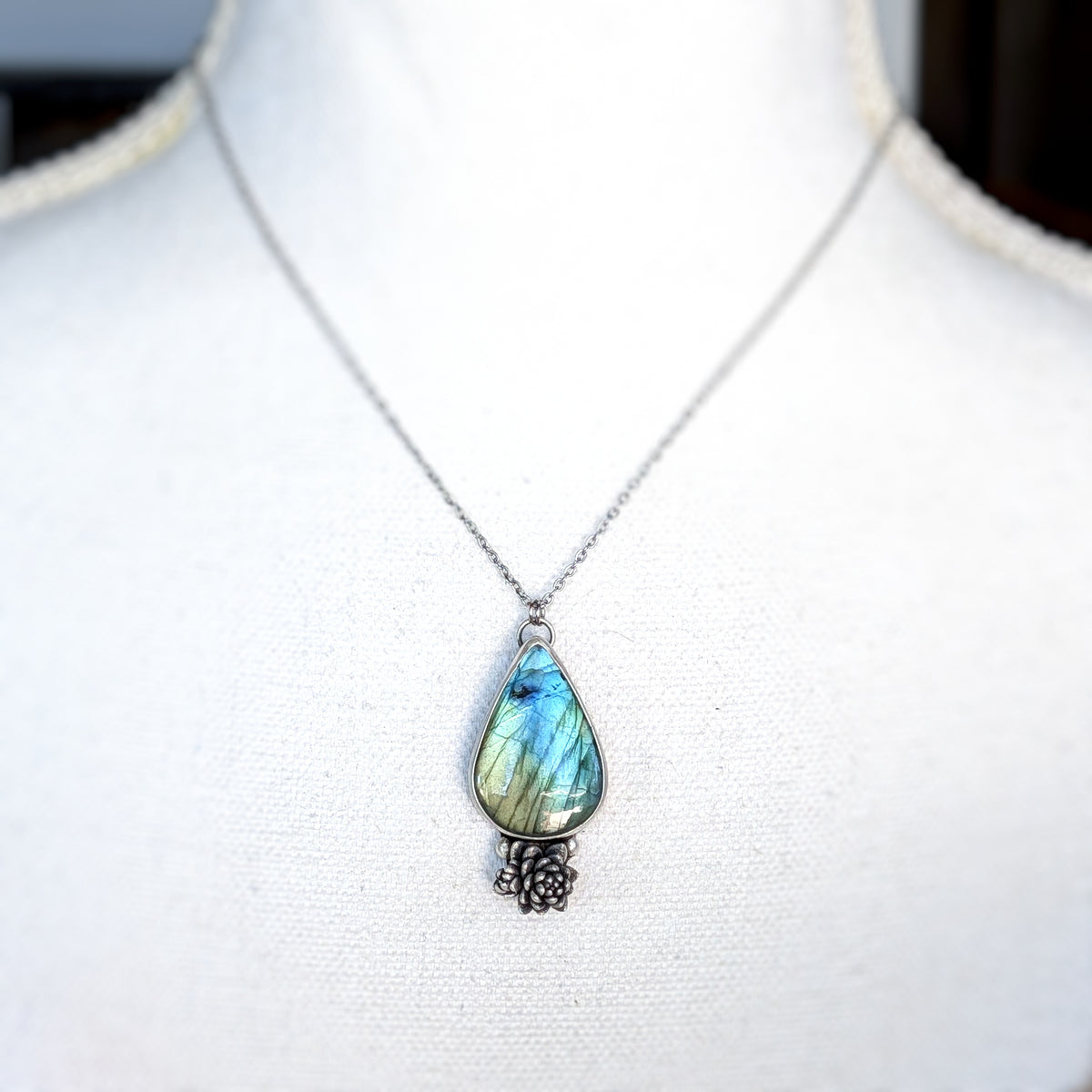Labradorite and Succulent Bouquet Necklace- Botanical Pendant