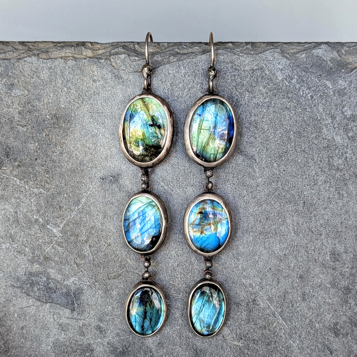 Triple Labradorite Dangle Earrings- Sterling Silver & Copper